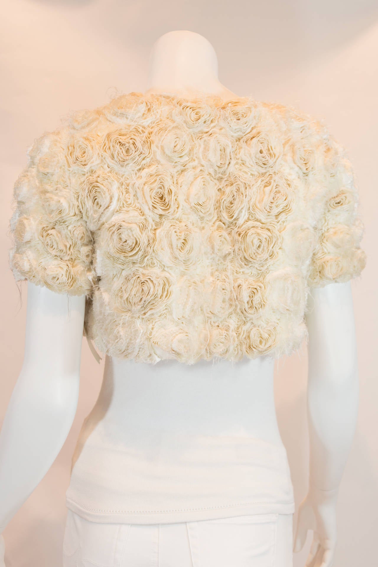 White Rosette Embellished Silk Shrug In Excellent Condition In New York, NY