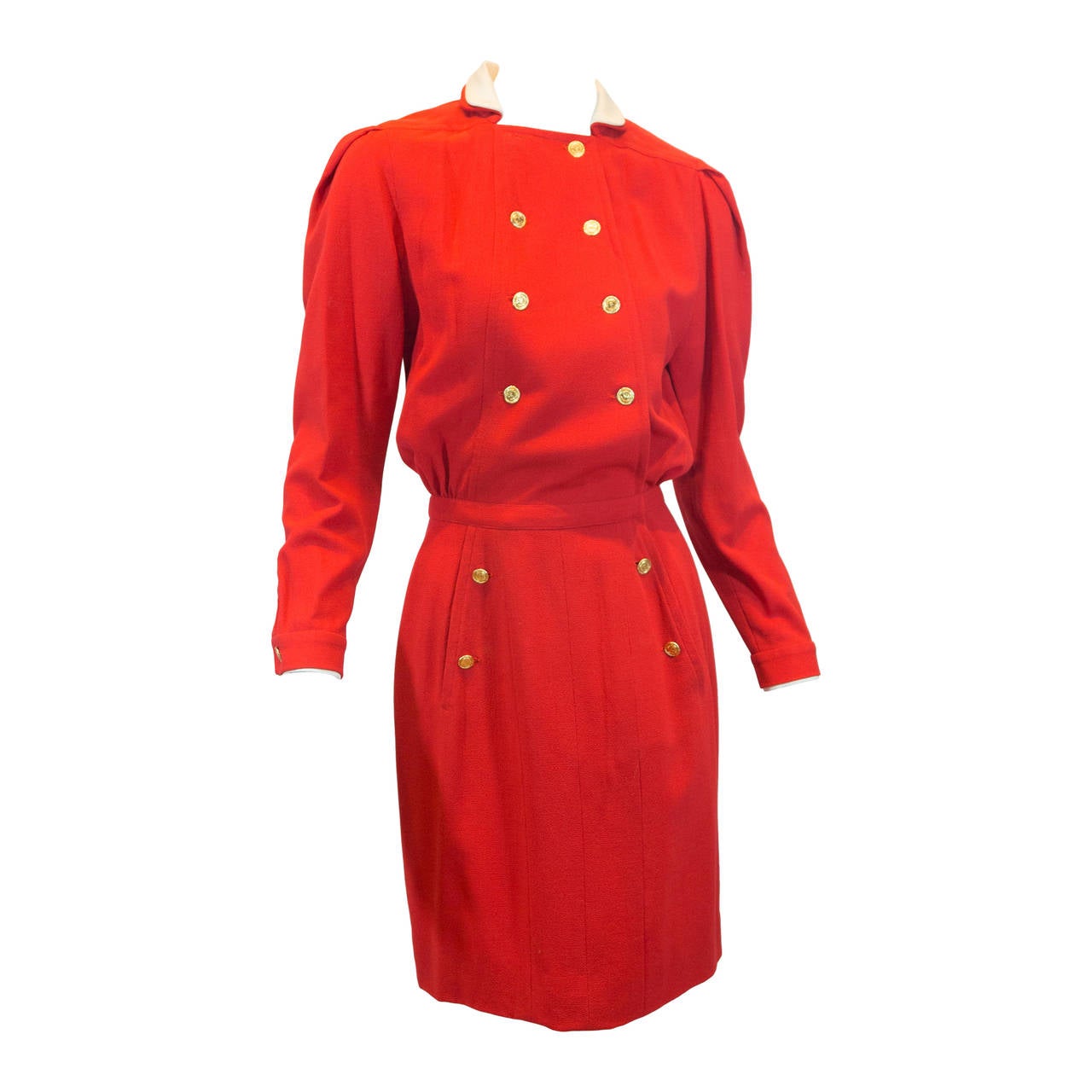 Chanel Vintage Red Dress with Gold Front Button Detail
