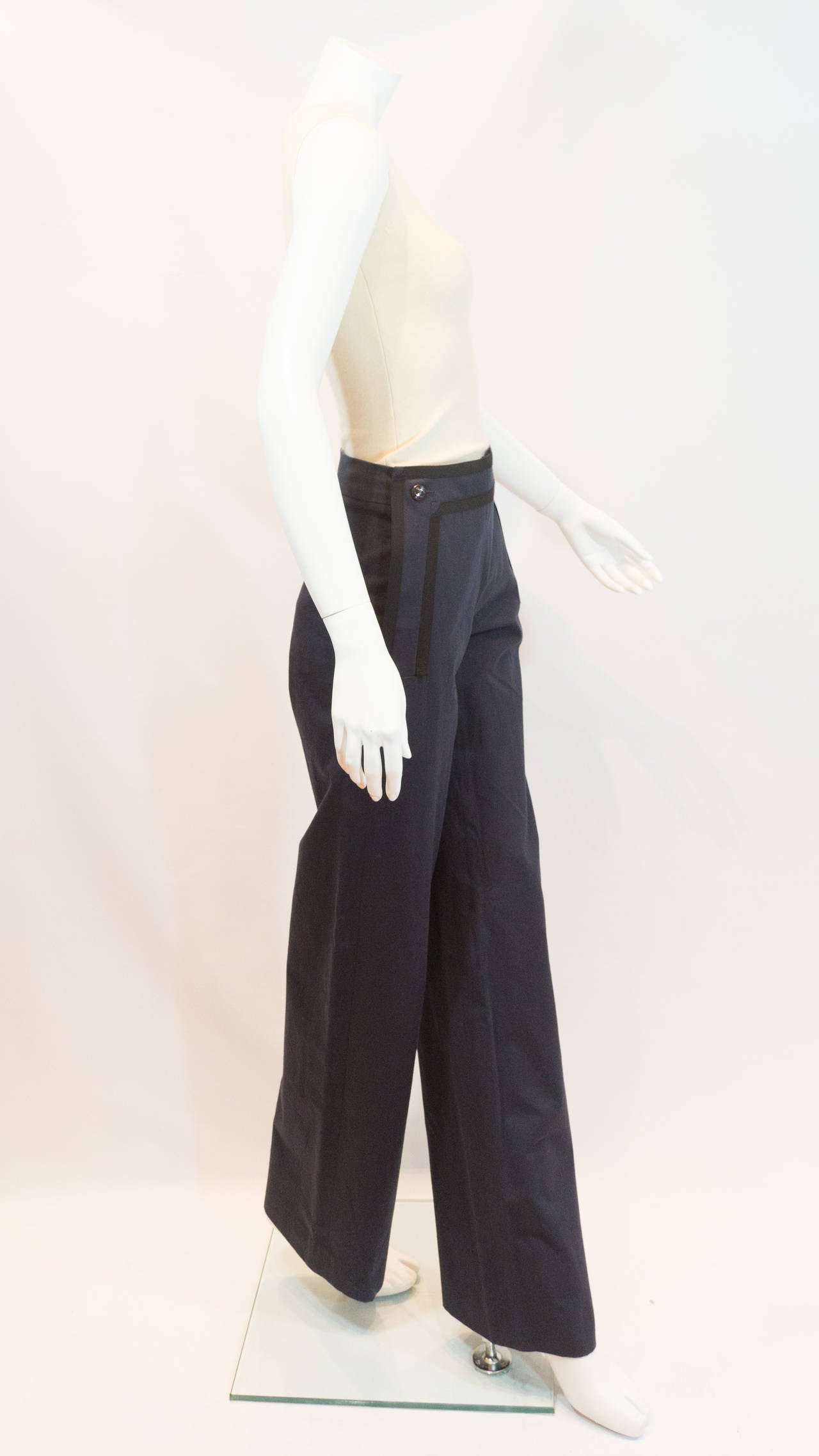 Chanel 2014 Navy Blue Pants with Black Trim In New Condition In New York, NY