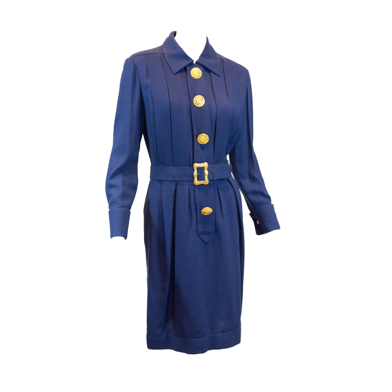 Chanel Vintage Blue Dress with Gold Button Detail and Belt