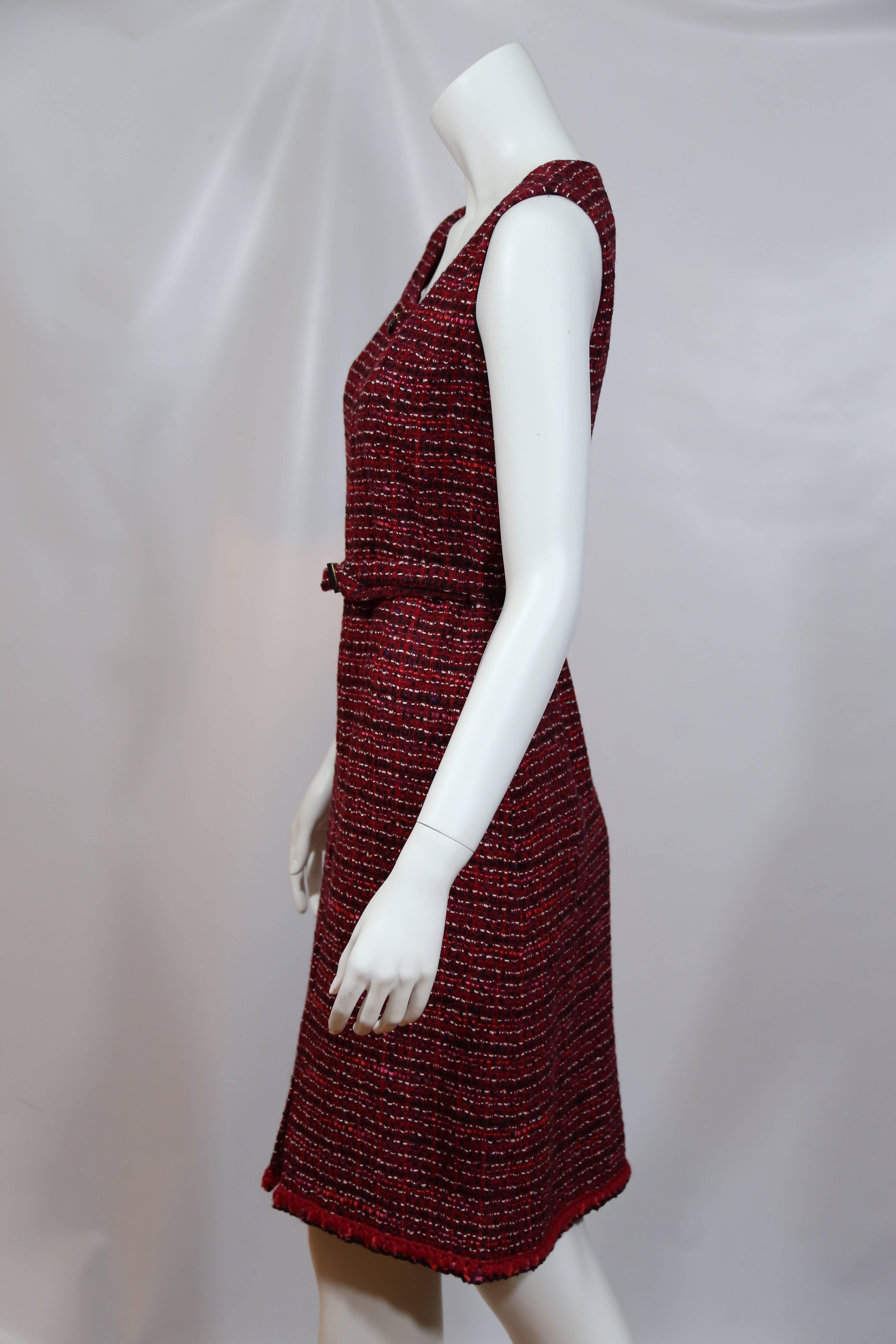 Chanel Red Wool Tweet Dress With Matching Blazer and Belt. 