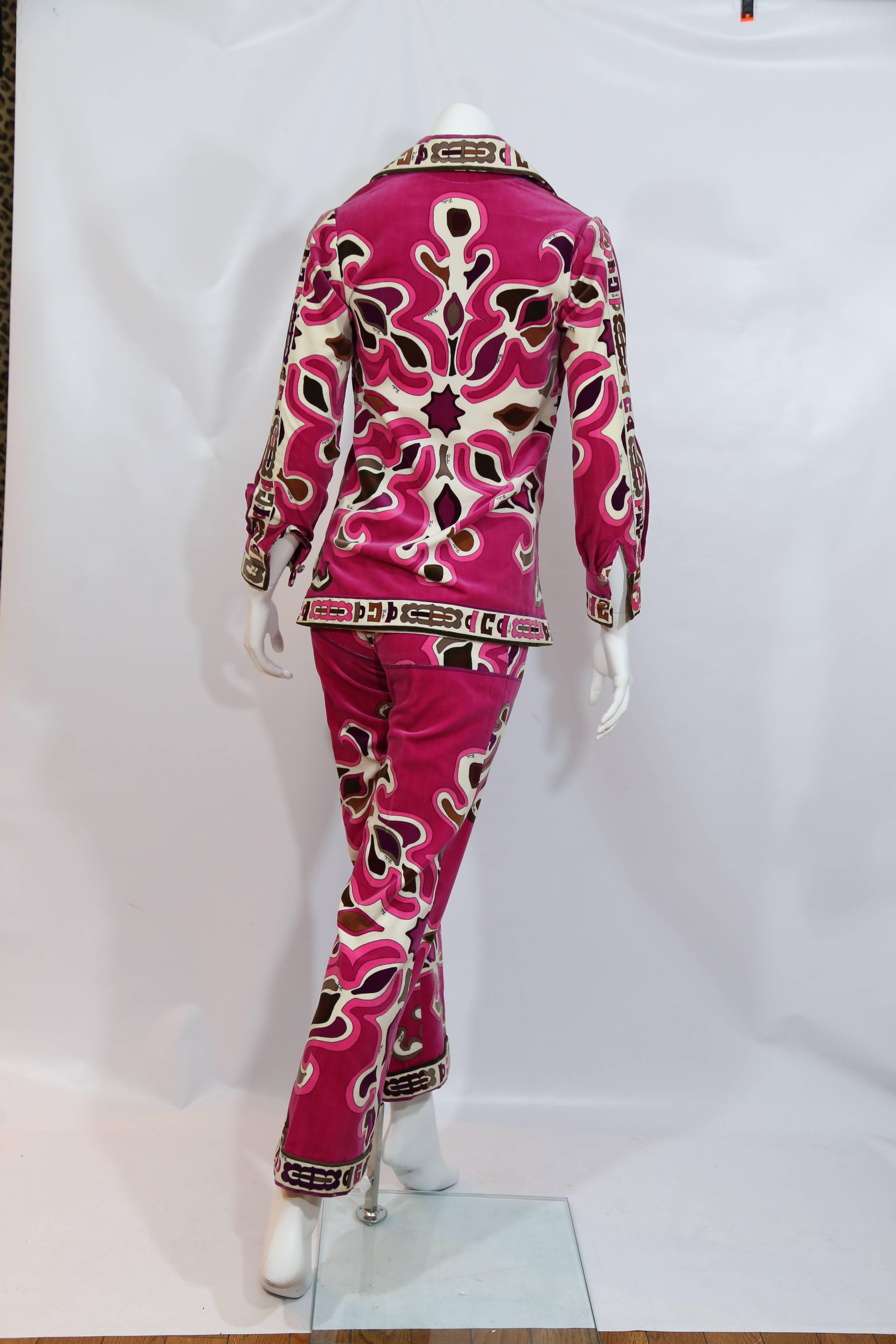 Emilio Pucci Pink & White Velour Pantsuit In Excellent Condition In New York, NY
