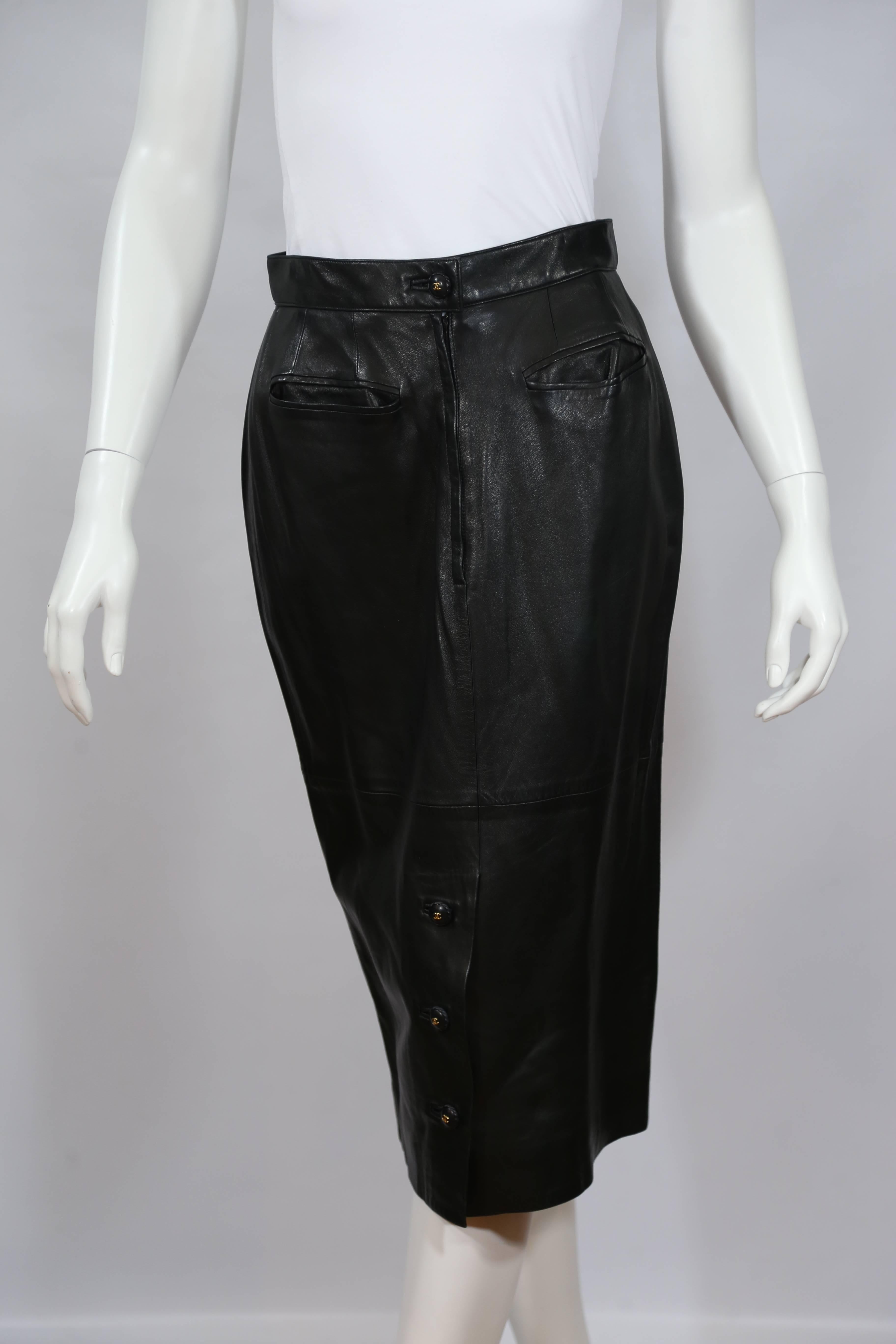 Chanel black leather pencil skirt. 