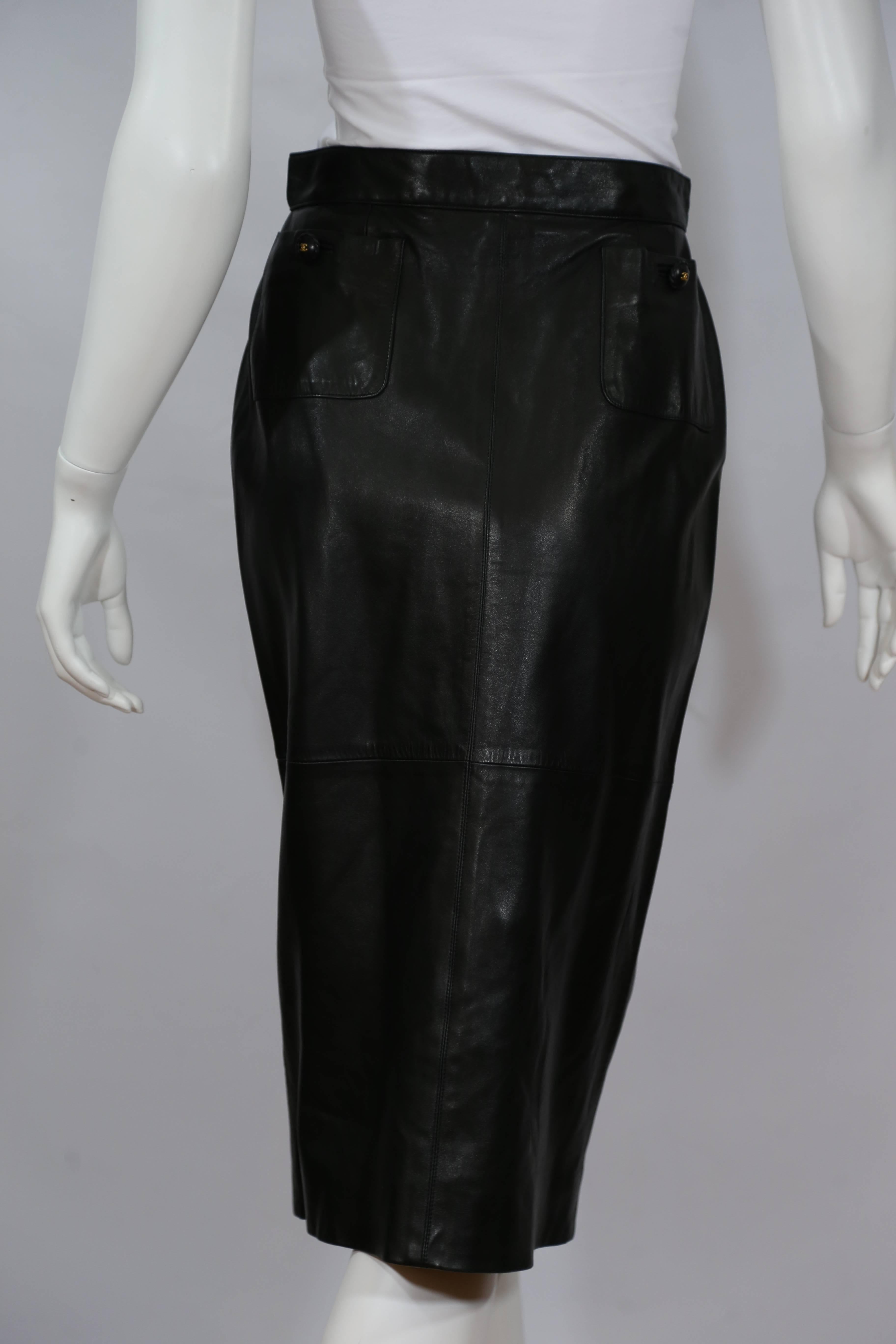 Chanel Black Leather Pencil Skirt In Excellent Condition In New York, NY