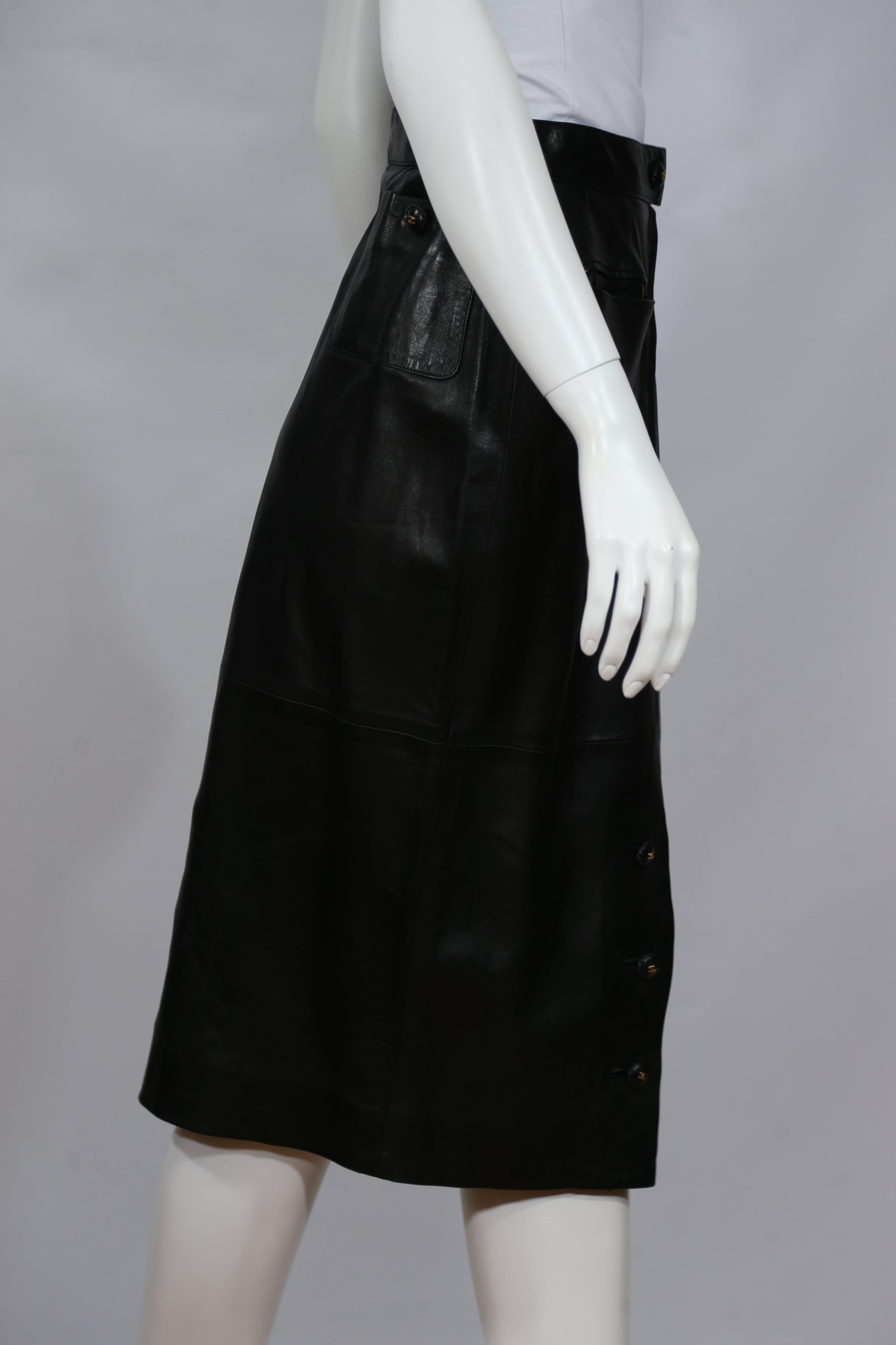 Women's Chanel Black Leather Pencil Skirt