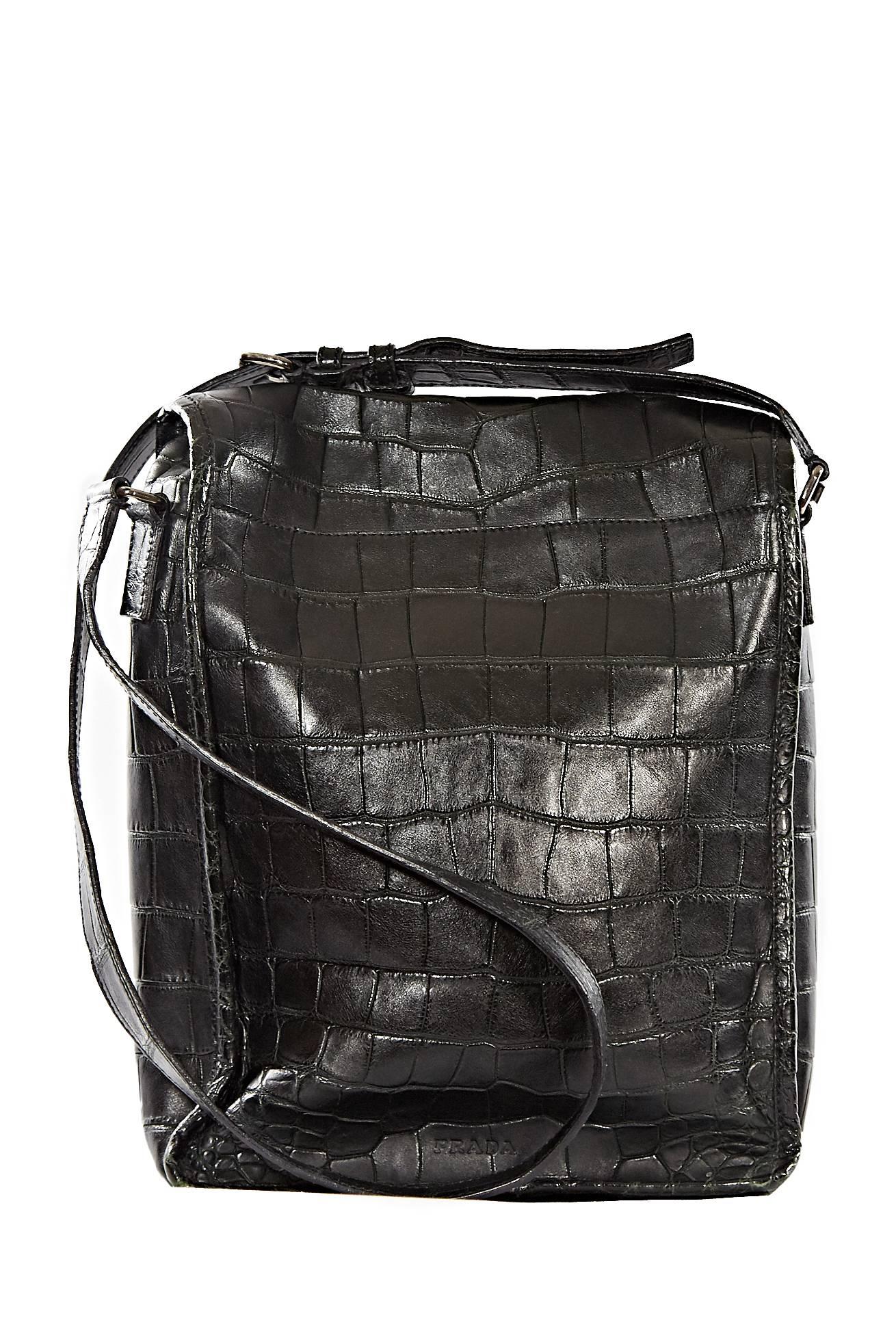 Prada Black Crocodile Crossbody Bag. Messenger style flap with belt closure.