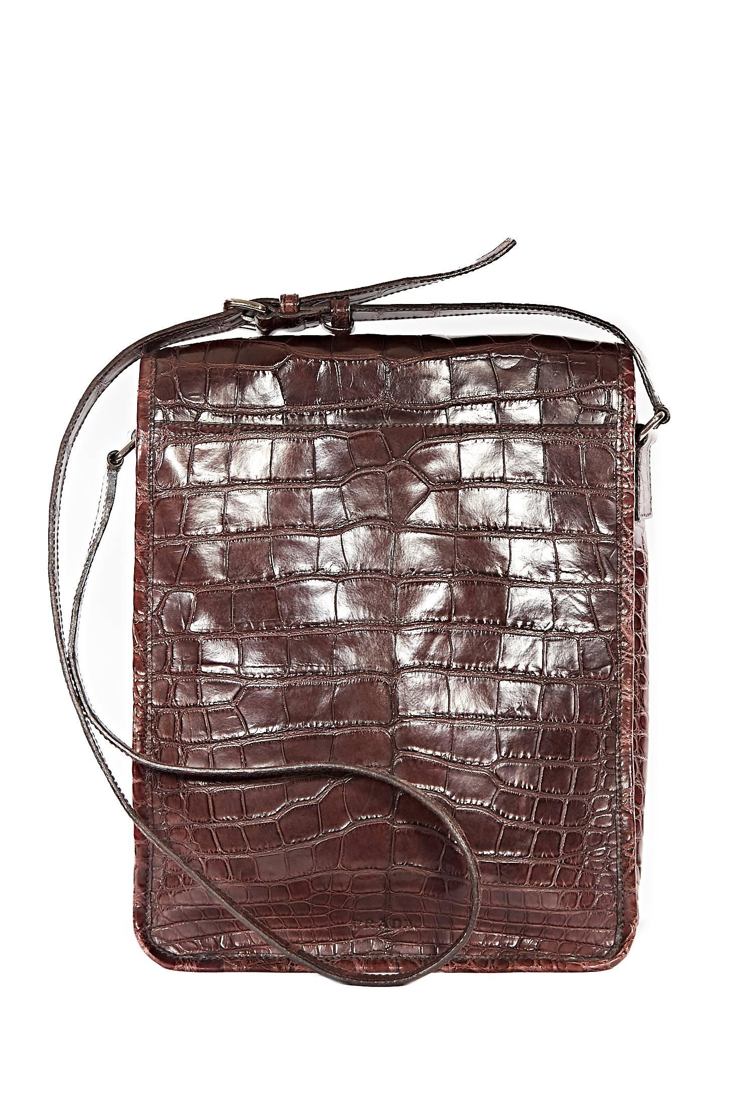 Prada Brown Crocodile Crossbody Bag. Messenger style flap with belt closure.