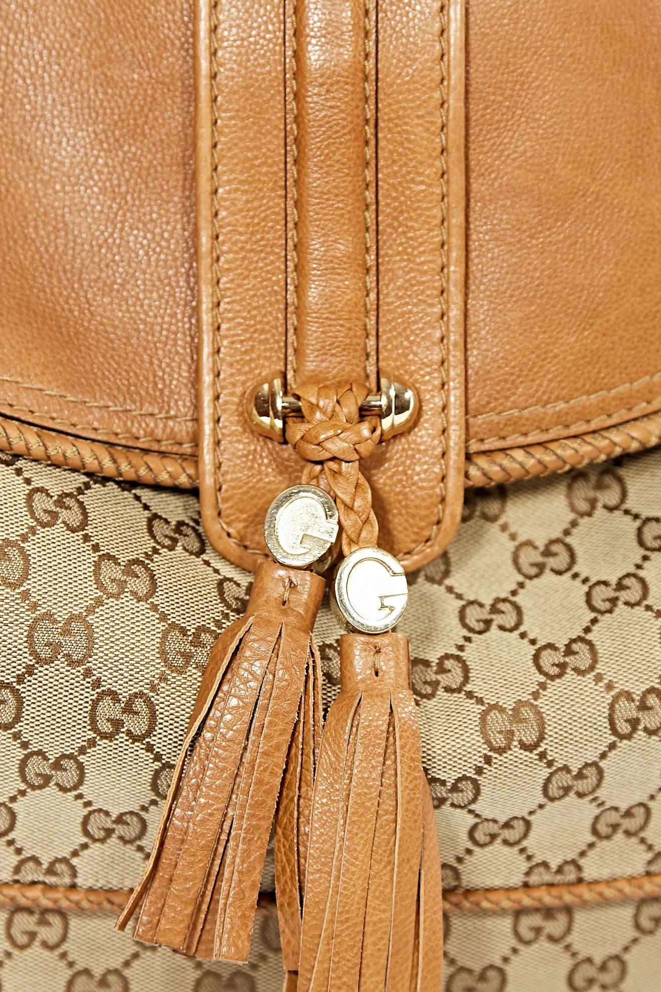 Gucci Tan Canvas Monogram Bag w/ Leather Trim & Tassel In Excellent Condition In New York, NY