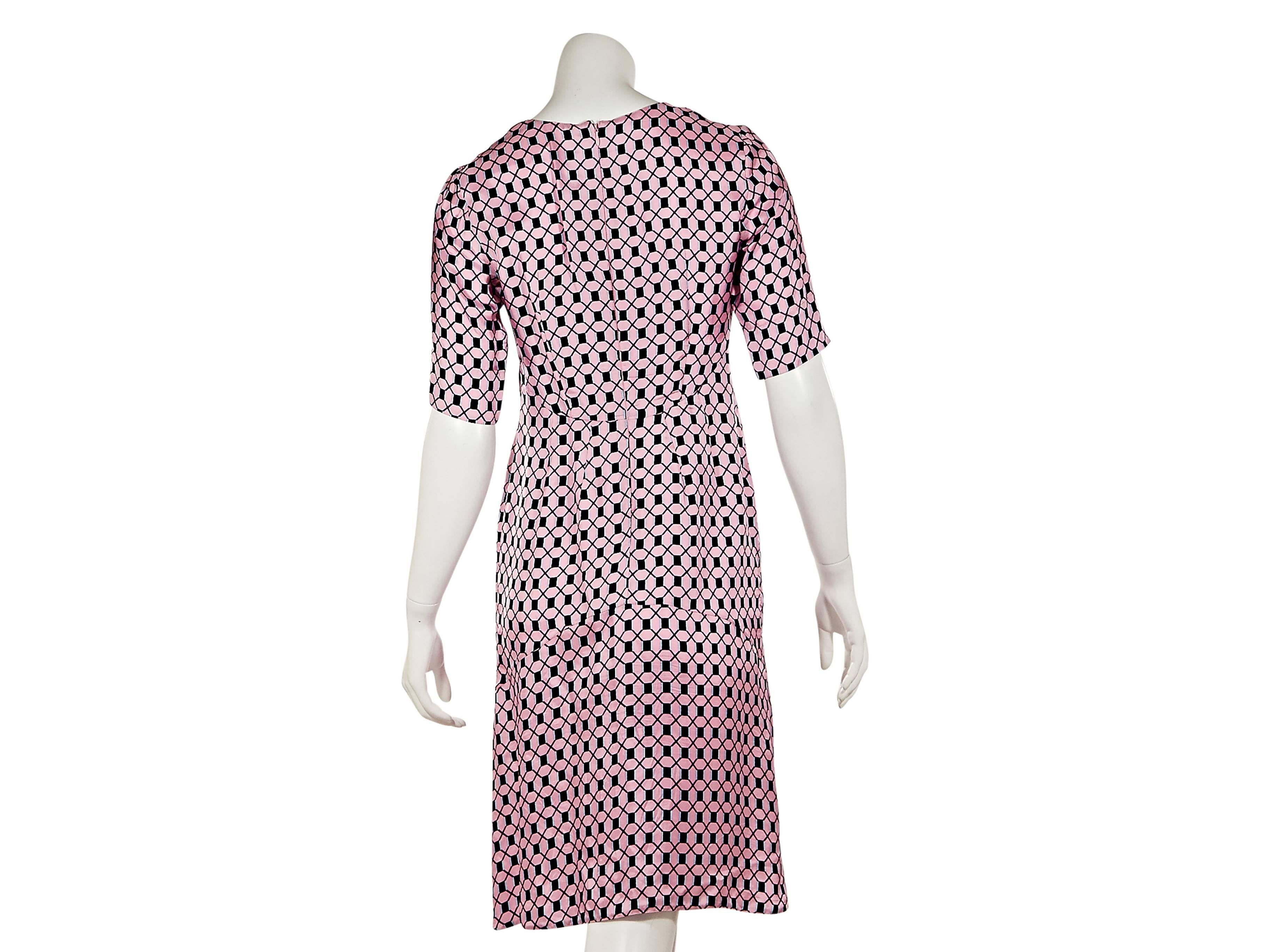 Pink, black and blue geometric-printed shift dress by Marni.  Jewelneck.  Short sleeves.  Concealed back zip closure. 
