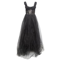 Rasario Black Sleeveless Lace & Tulle Evening Gown