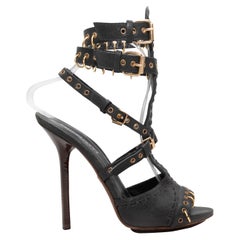 Black Emilio Pucci Grommet-Accented Cage Heeled Sandals Size 38