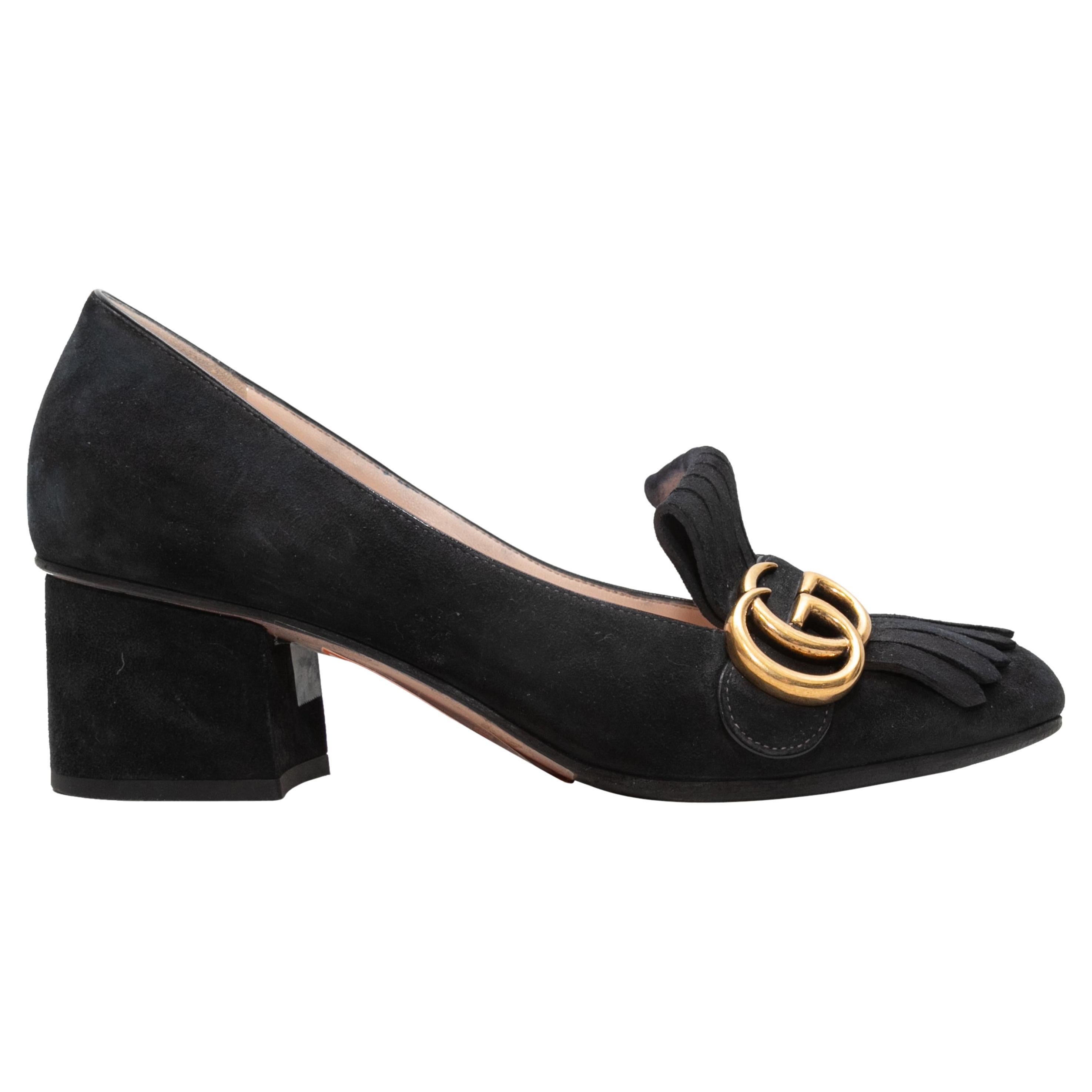 Black Gucci Marmont GG Block Heels Size 37.5 For Sale at 1stDibs