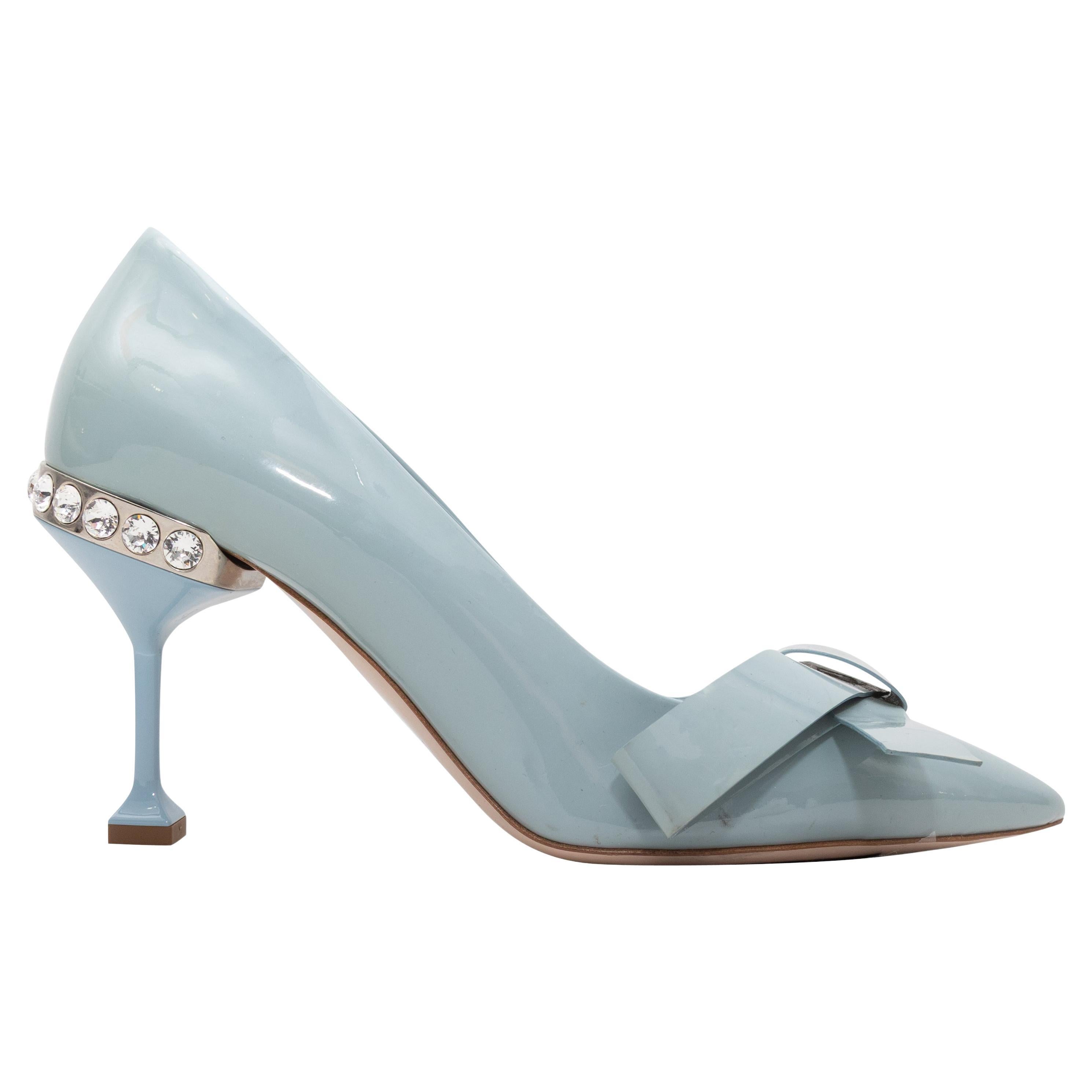 Light Blue Miu Miu Pointed-Toe Crystal Bow Pumps Size 37 For Sale