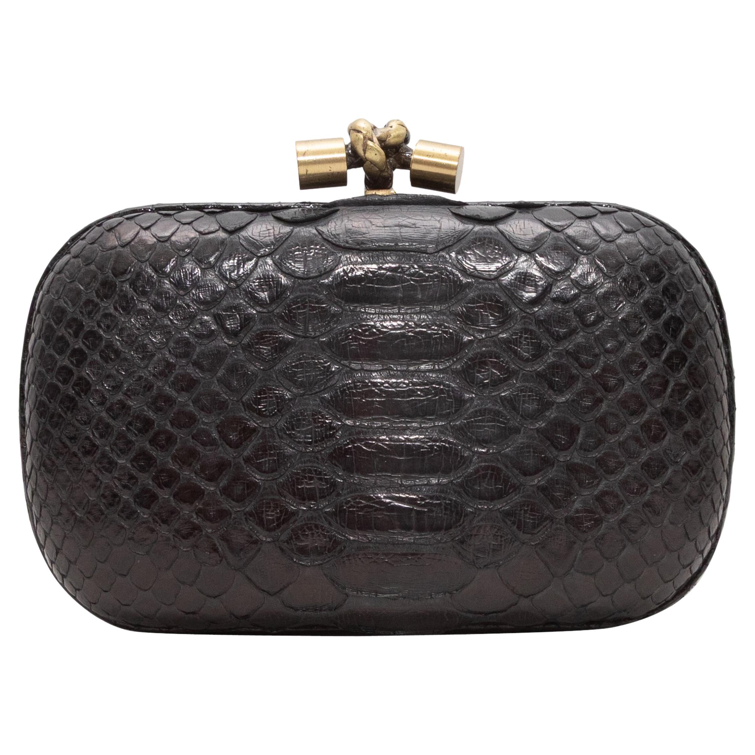 Black Bottega Veneta Small Python Hard Shell Clutch For Sale