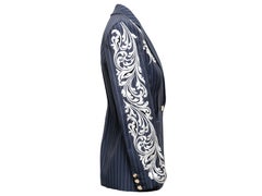 Blazer de lana virgen de Versace, a rayas finas y con bordados, en azul marino y blanco. Talla IT 38