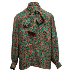 Vintage Orange & Multicolor Saint Laurent Leaf Print Pussy Bow Blouse Size FR 34