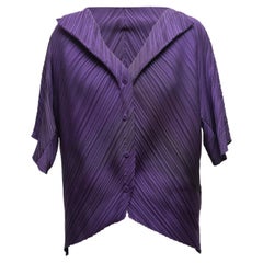 Purple Issey Miyake Wool-Blend Plisse Short Sleeve Button-Up Designer Size 2
