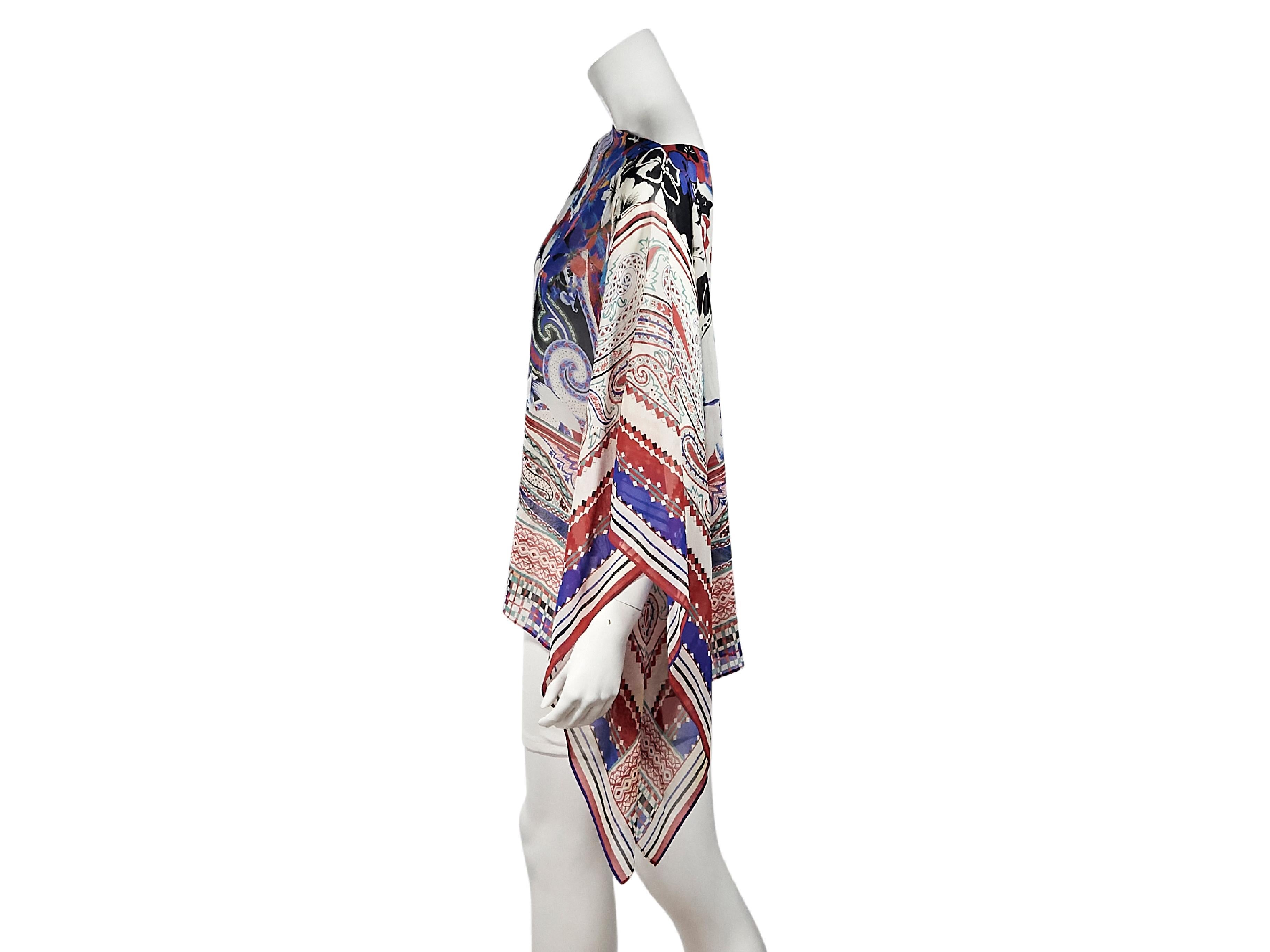 Product details:  Multicolor floral and paisley printed silk scarf top by Etro.  Bateau neckline.  Caftan long sleeves.  Pullover style.  24.5