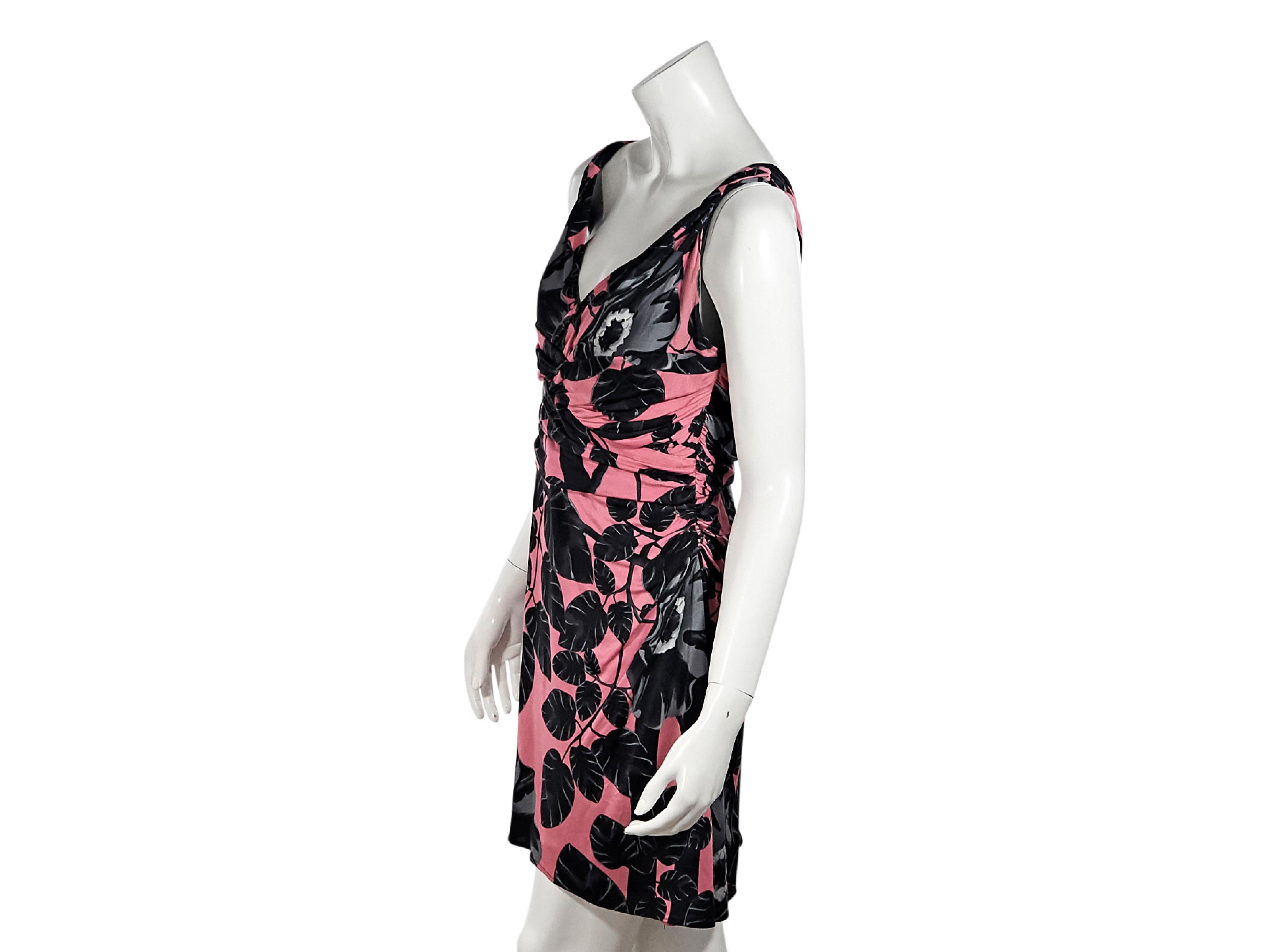 Product details:  Pink and black floral-printed silk-blend jersey dress by Versace.  Double v-neck.  Sleeveless.  Ruched bodice creates a flattering silhouette.  Concealed side zip closure.  31