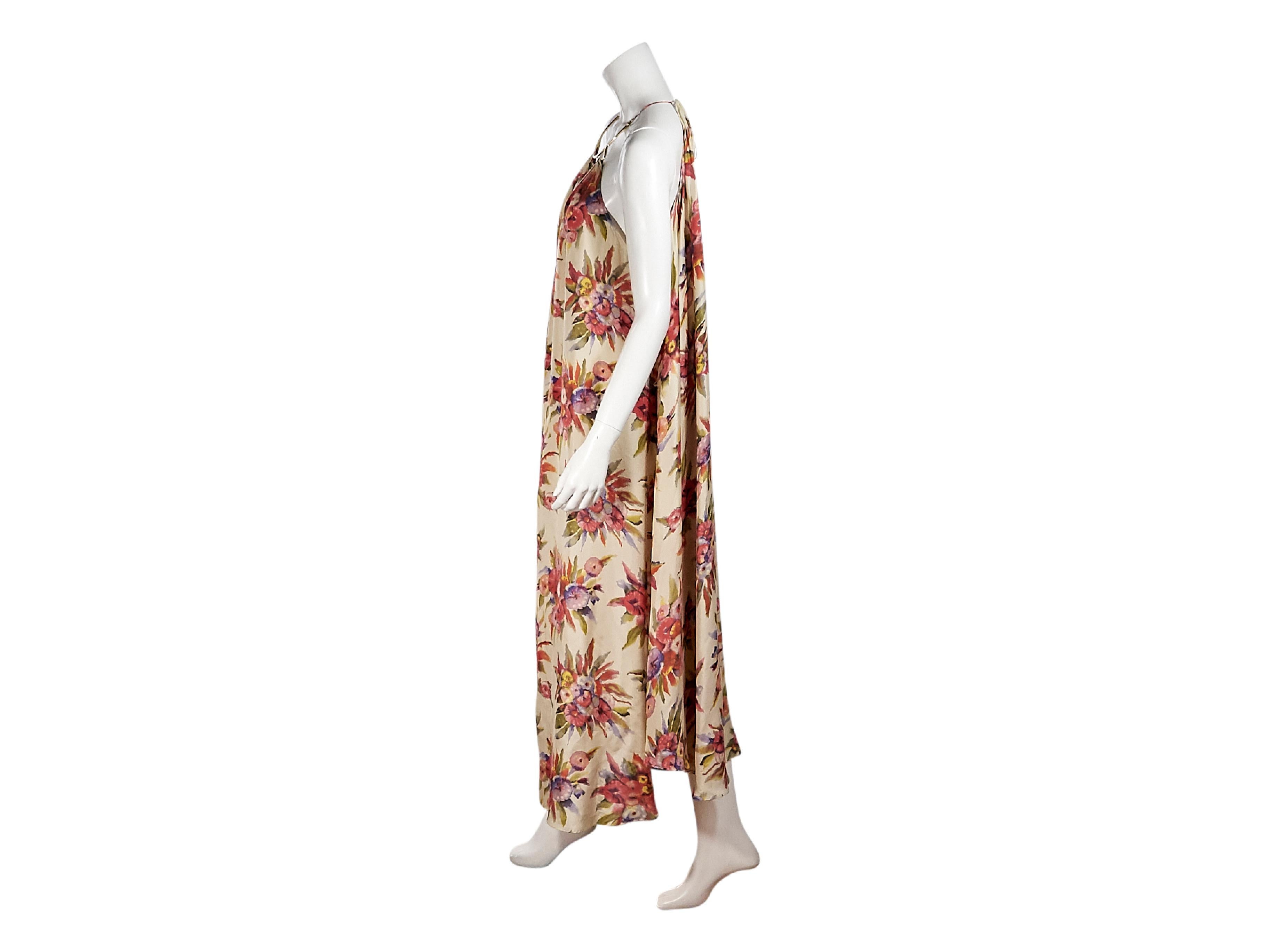 Product details:  Multicolor floral-printed silk maxi dress by Zimmermann.  Necklace collar with self-tie back straps.  Deep front slit off neckline.  Goldtone hardware.  40