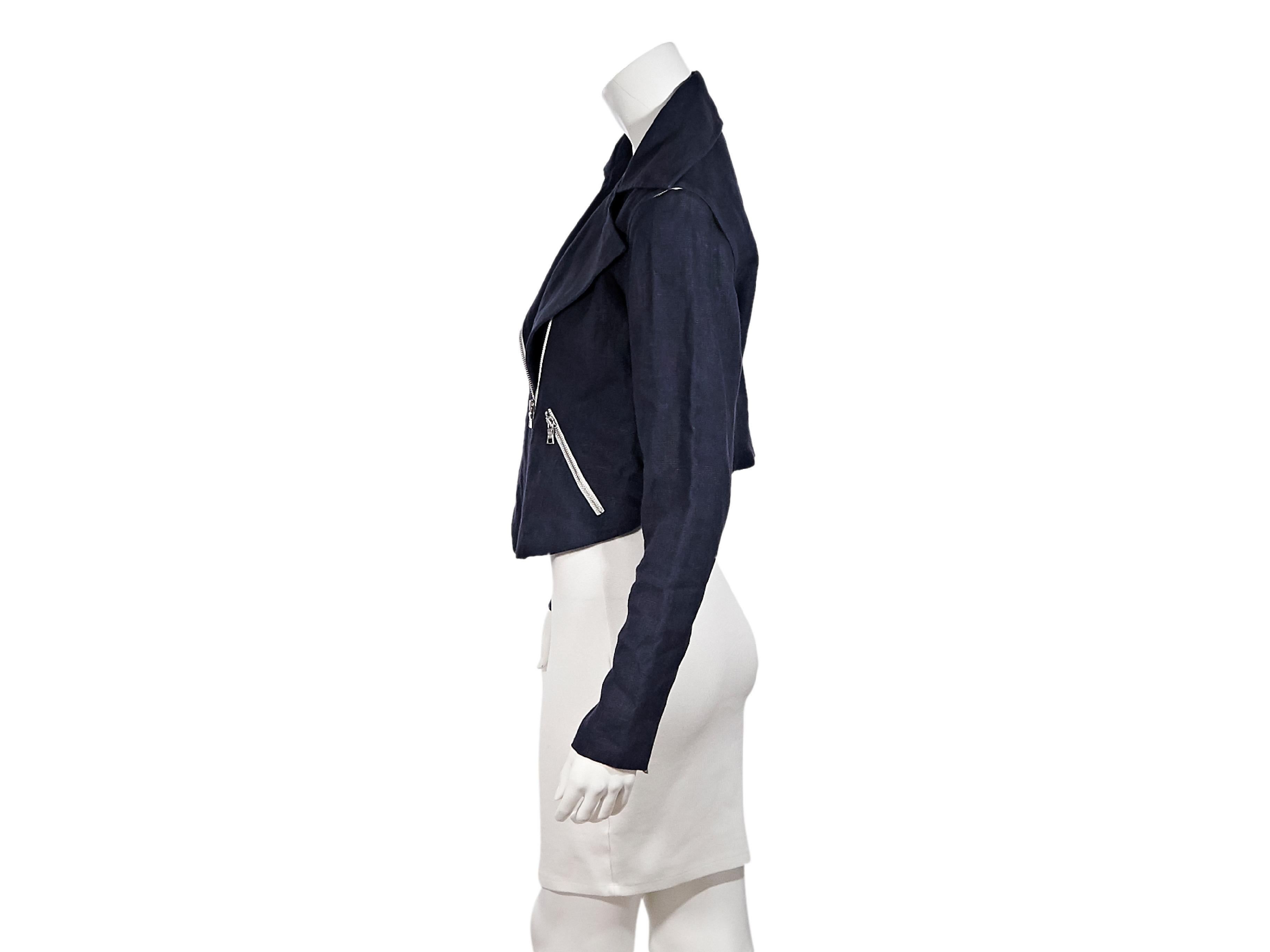 Product details:  Navy blue linen jacket by Veronica Beard.  Notched lapel.  Removable long sleeves.  Asymmetrical zip-front closure.  Zip cuffs.  Waist zip pockets.  Adjustable back hem straps.  Silvertone hardware.  32