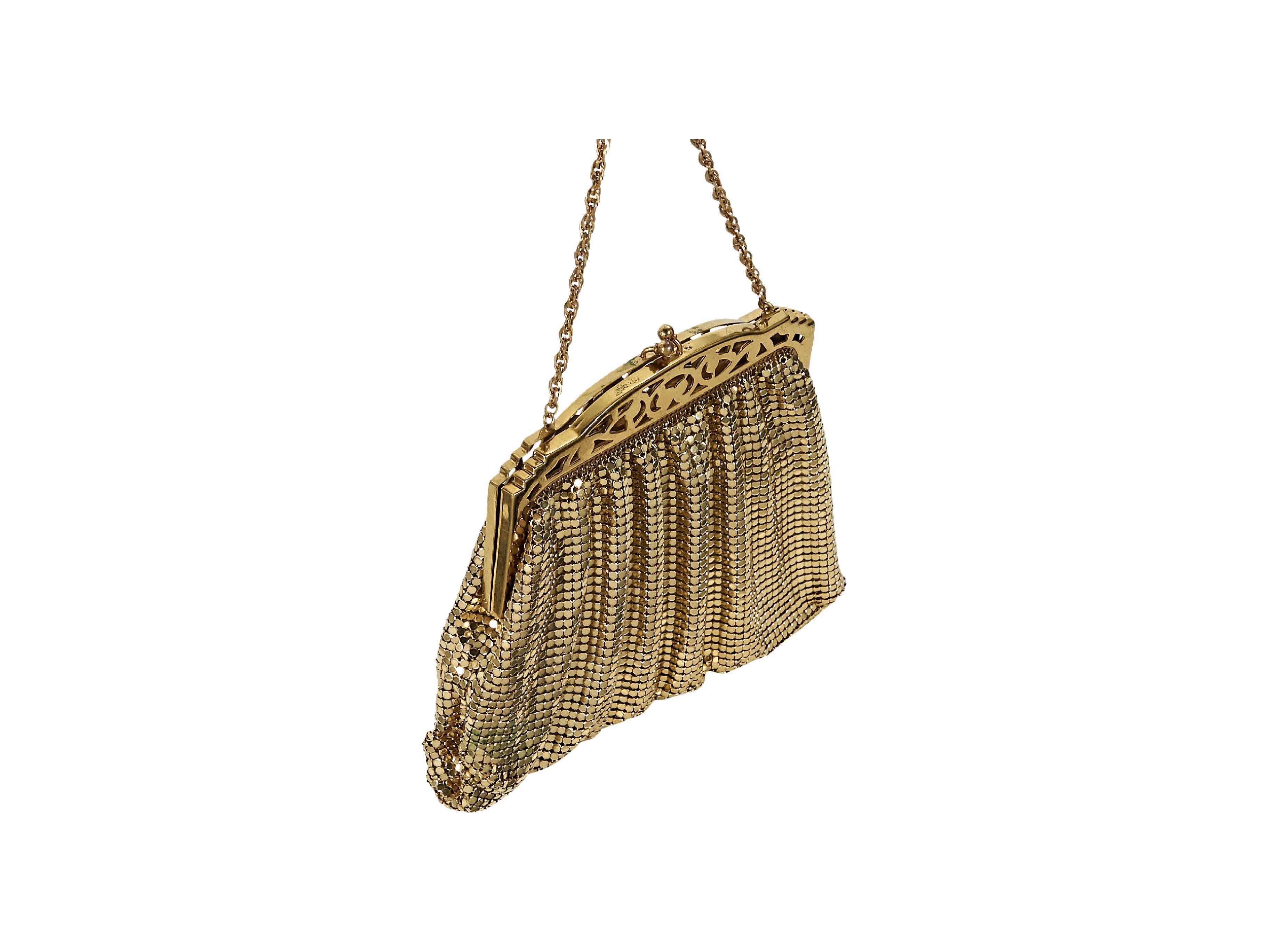 Product details:  Vintage goldtone mesh evening bag by Whiting & Davis.  Tuck-away chain shoulder strap.  Top kiss-lock closure.  Lined interior with inner slide pocket.  6