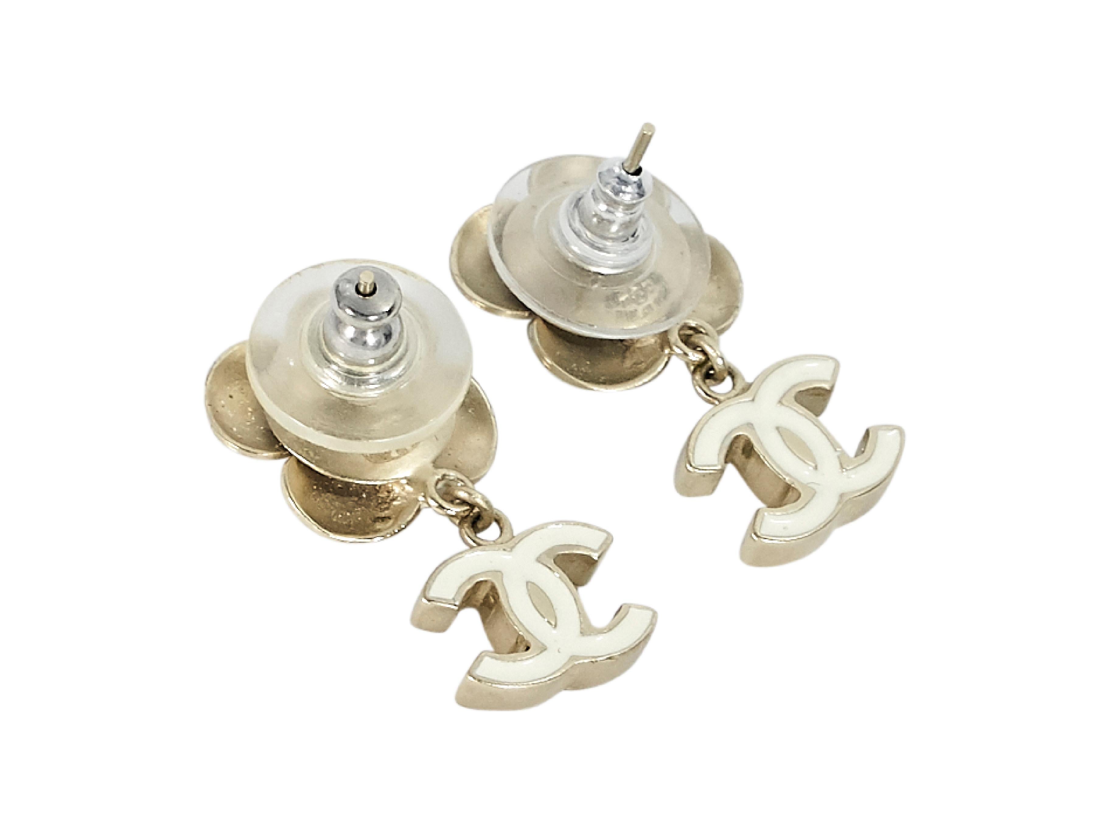 White Chanel Floral & Logo Drop Earrings In Good Condition In New York, NY