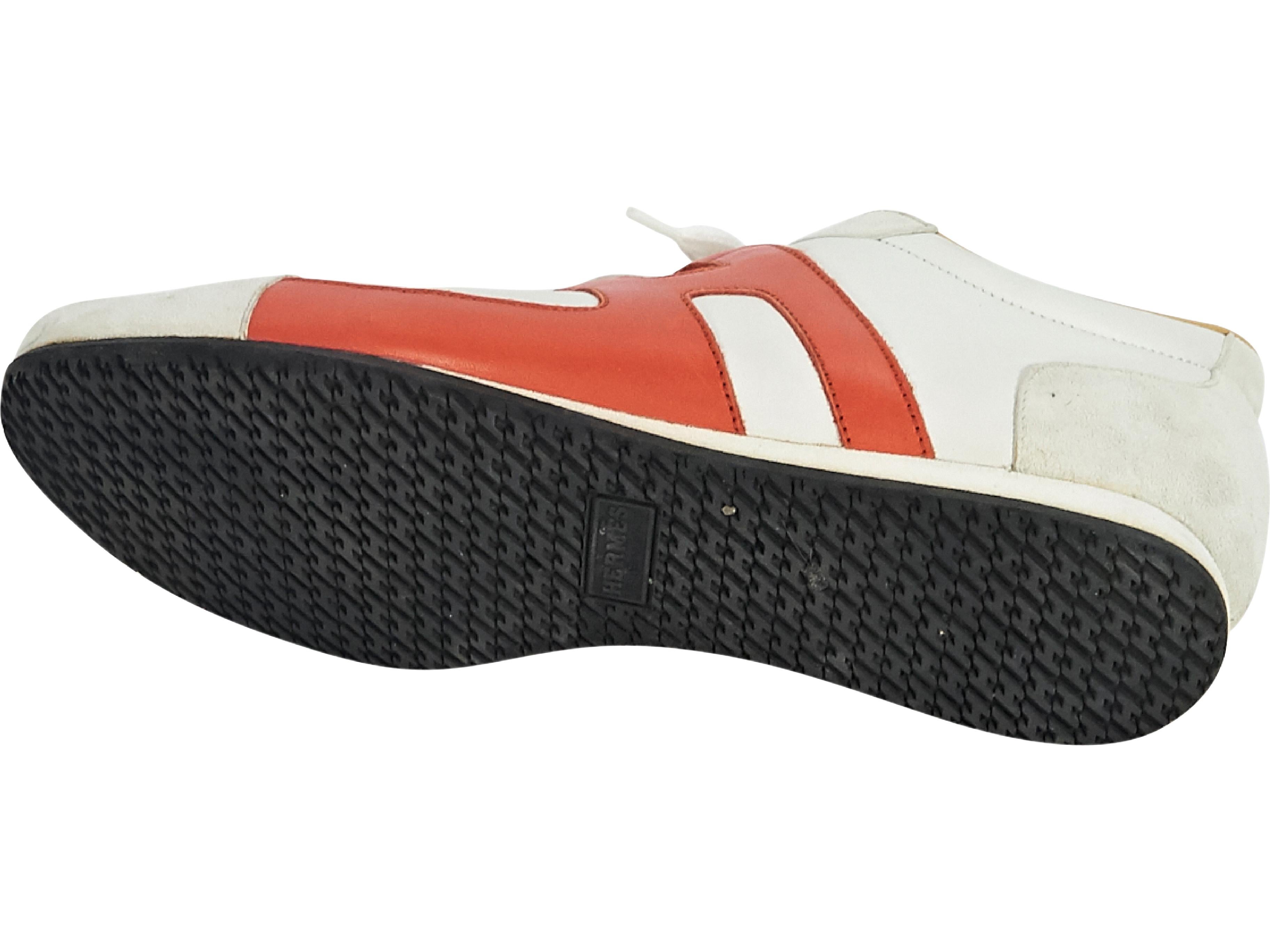 Beige White & Orange Hermes Leather Sneakers