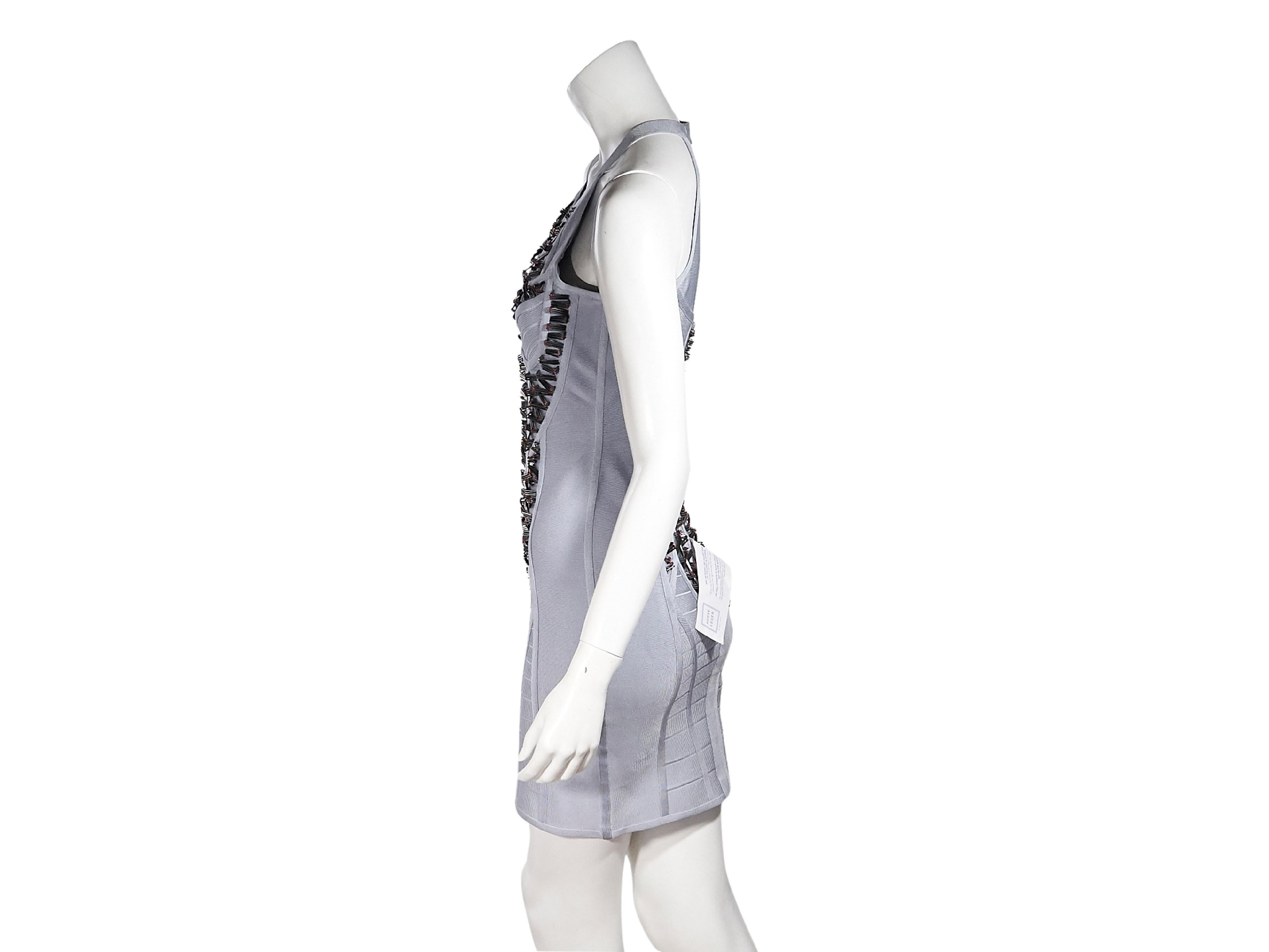 Product details:  Grey embellished Kyara bandage dress by Herve Leger.  Scoopneck.  Sleeveless.  Cutout back.  Concealed zip and hook closure.  30
