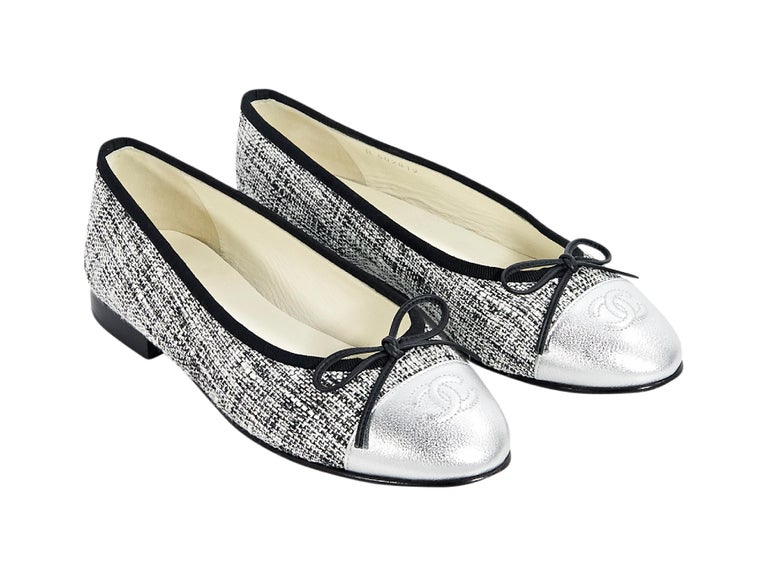 Metallic Silver Chanel Tweed Cap-Toe Ballet Flats For Sale at 1stDibs