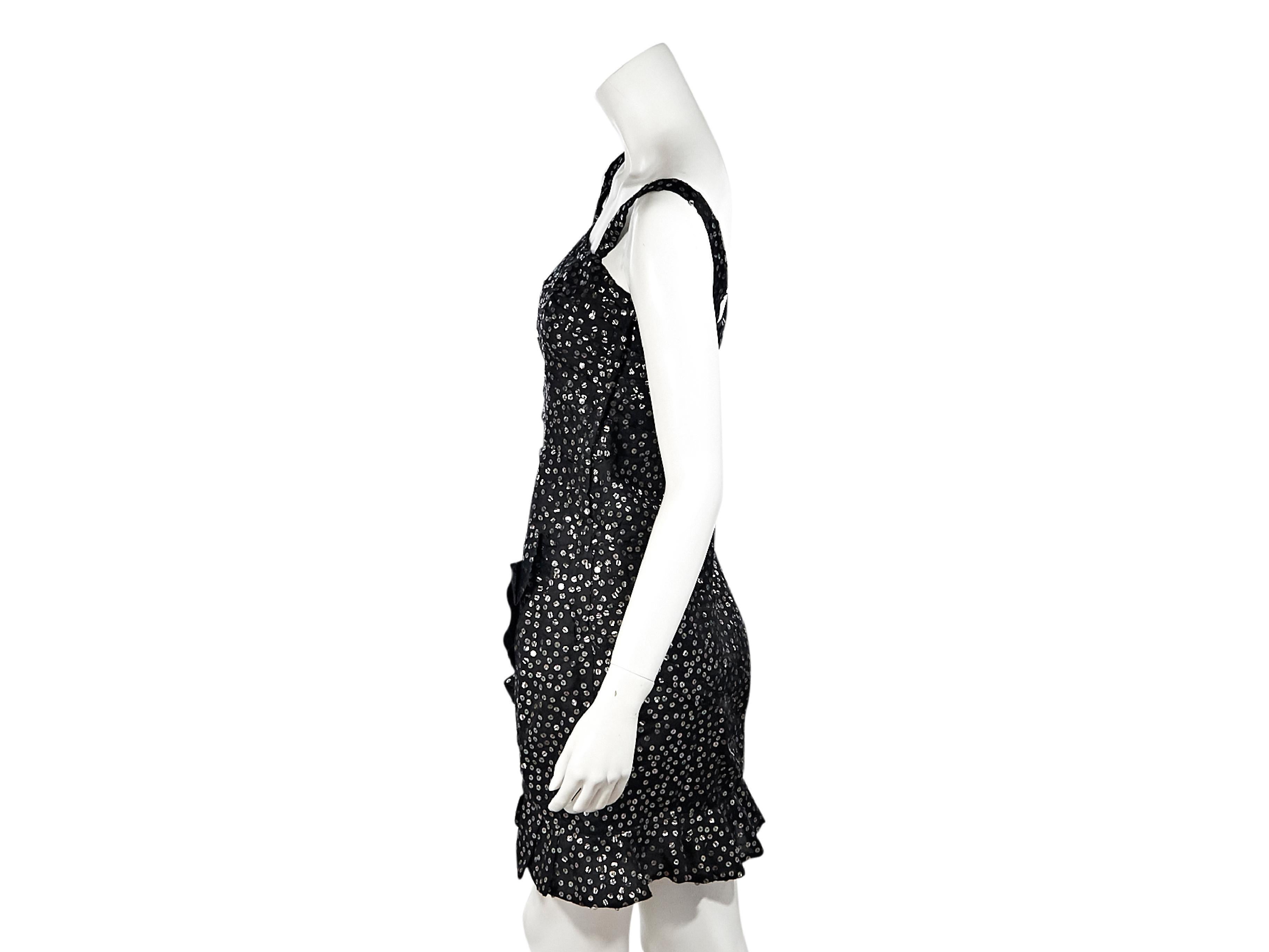 Product details:  Black sequined silk organza mini dress by Isabel Marant.  Draped design.  Sleeveless.  Concealed side zip closure.  Ruffle hem.  30
