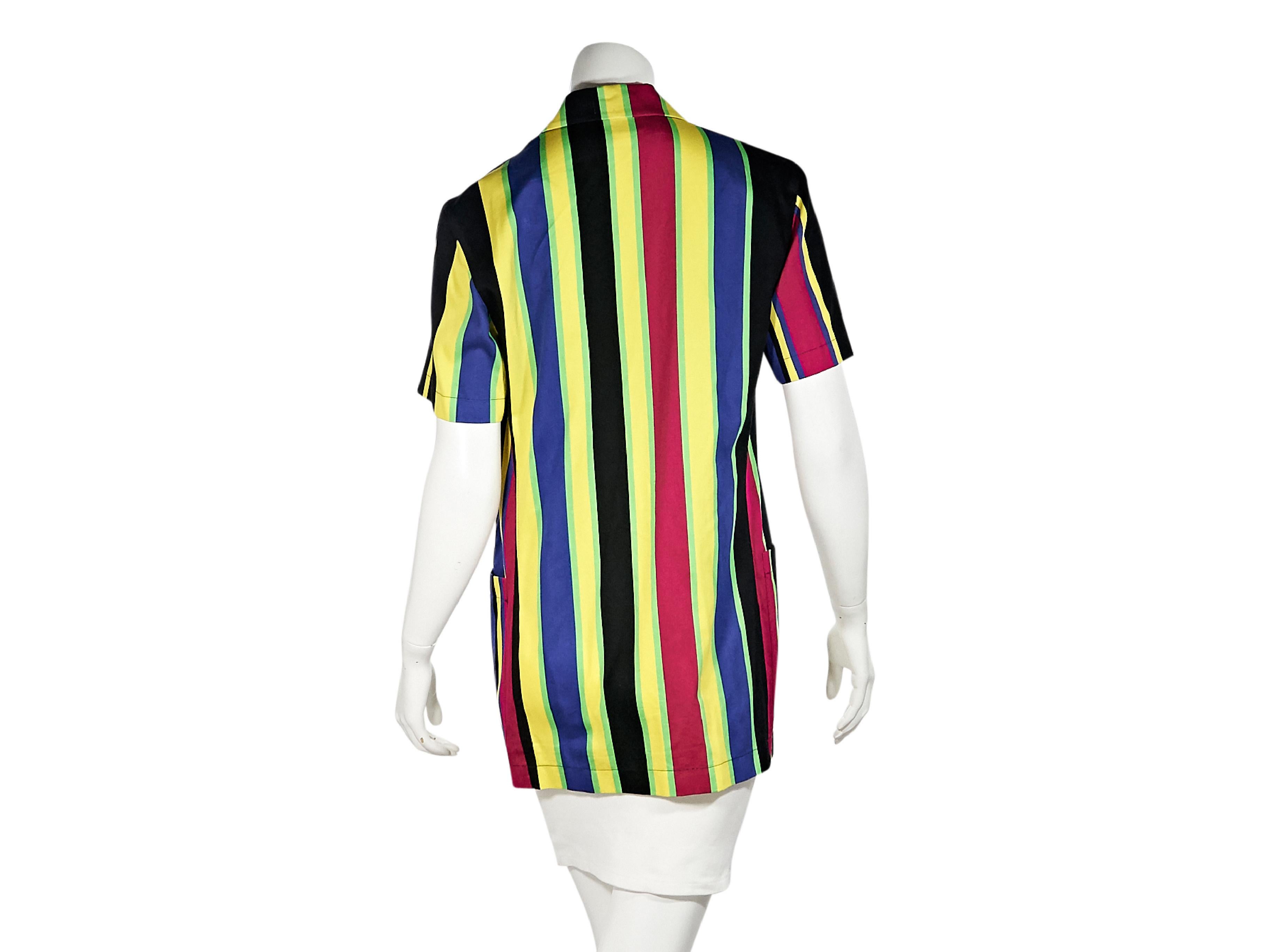 Product details:  Vintage multicolor striped cotton jacket by Genny.  Notched lapel.  Short sleeves.  Single-button closure.  Waist patch pockets.  32.5