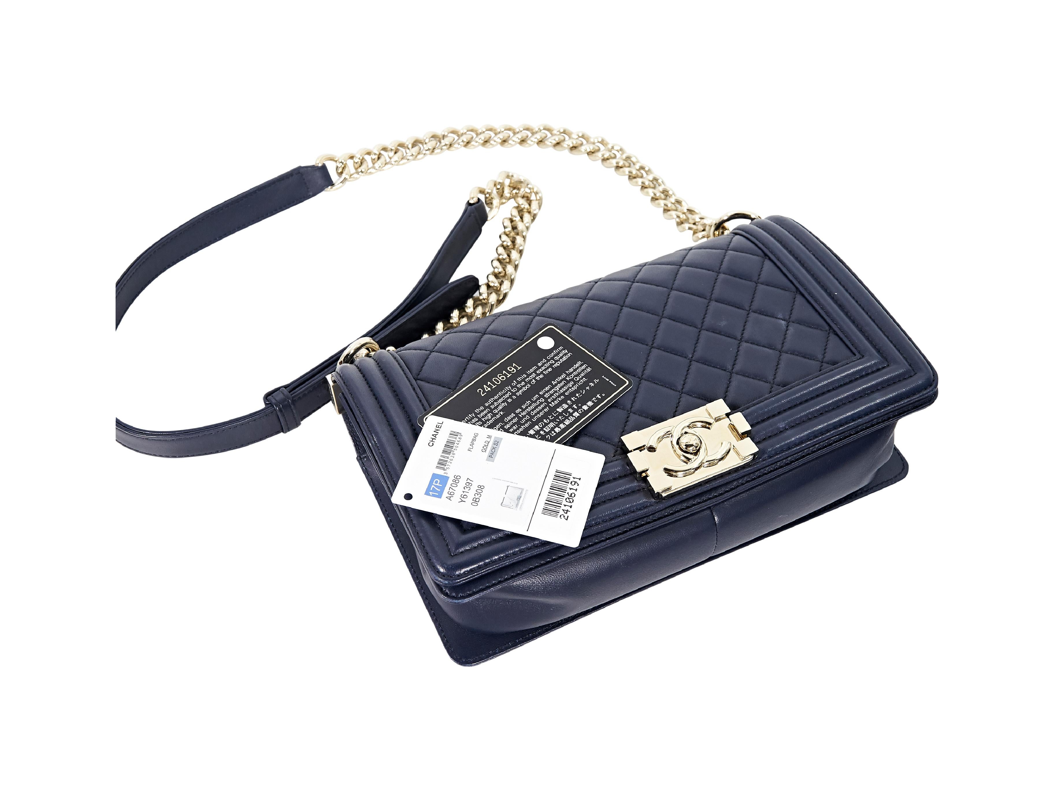 Navy Blue Chanel Leather Boy Shoulder Bag In Good Condition In New York, NY