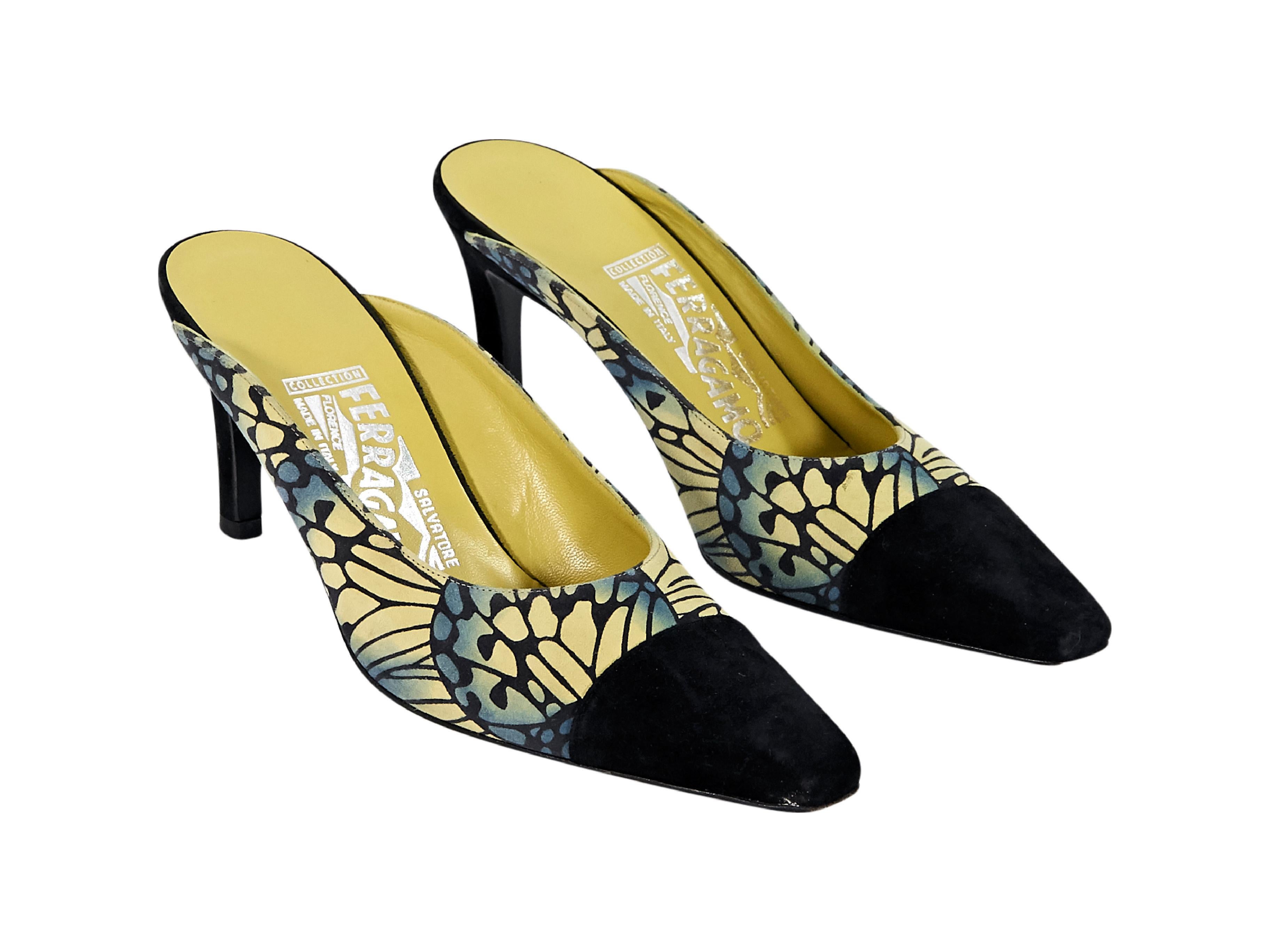 Product details:  Multicolor butterfly-printed suede mules by Salvatore Ferragamo.  Rounded point cap toe.  Slip-on style.  3