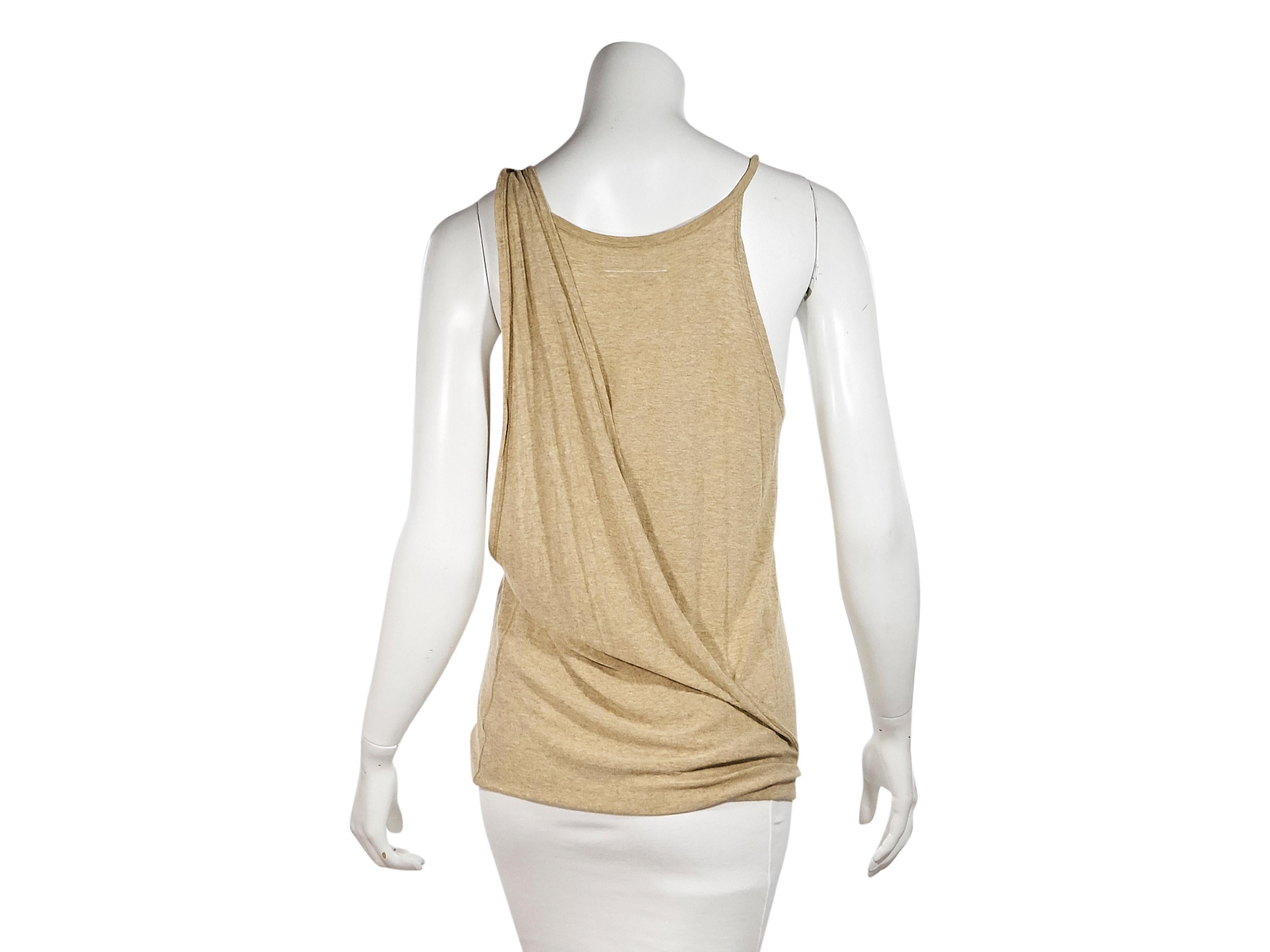 Product details:  Tan draped tank top by Maison Martin Margiela.  Scoopneck.  Sleeveless.  Pullover style.    
Condition: Pre-owned. Very good. 
Est. Retail $ 895.00