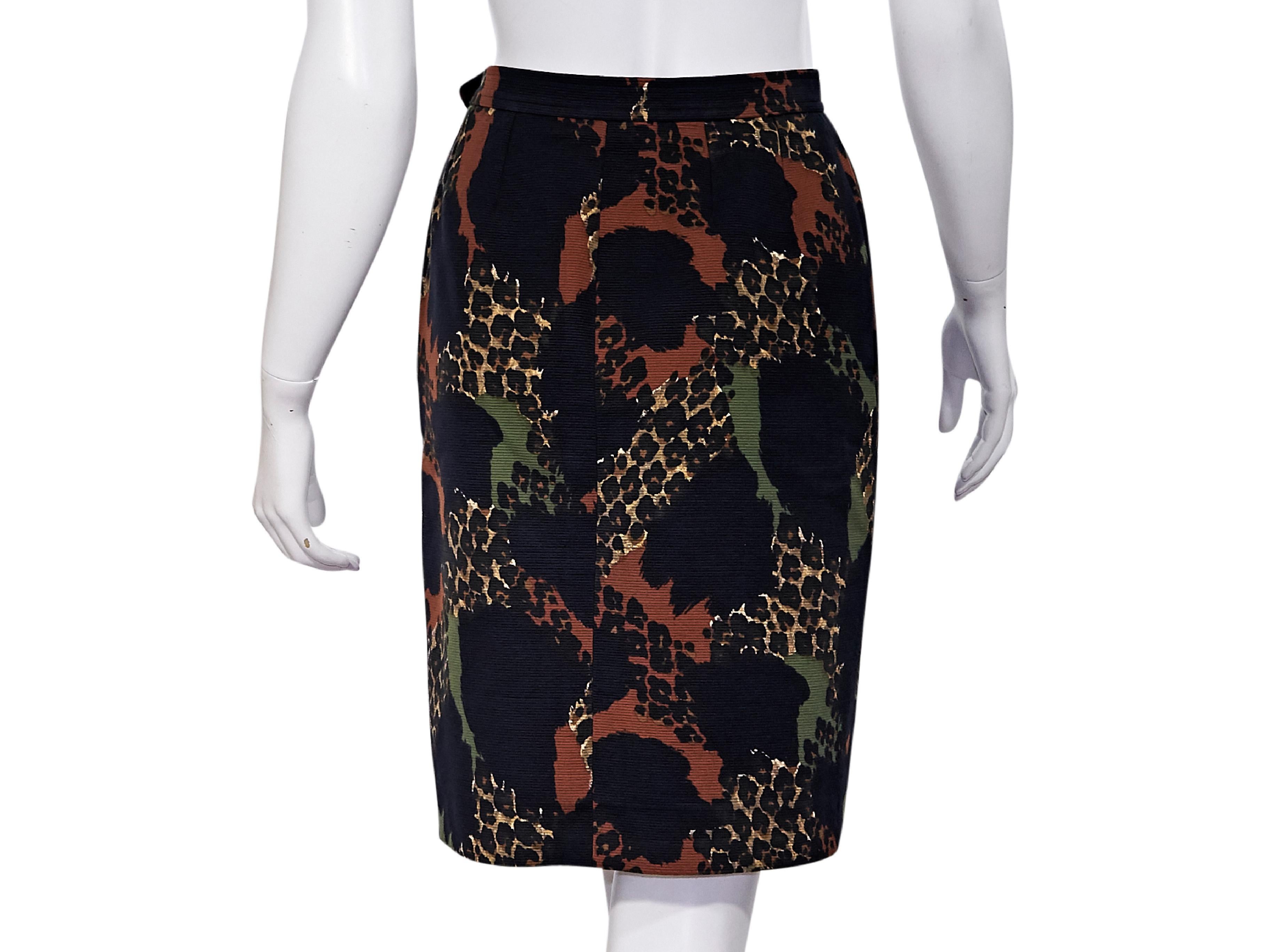 Product details:  Vintage multicolor textured pencil skirt by Yves Saint Laurent Rive Gauche.  Banded waist with side button closure.  Concealed side zip closure.  Waist slide pockets.  28