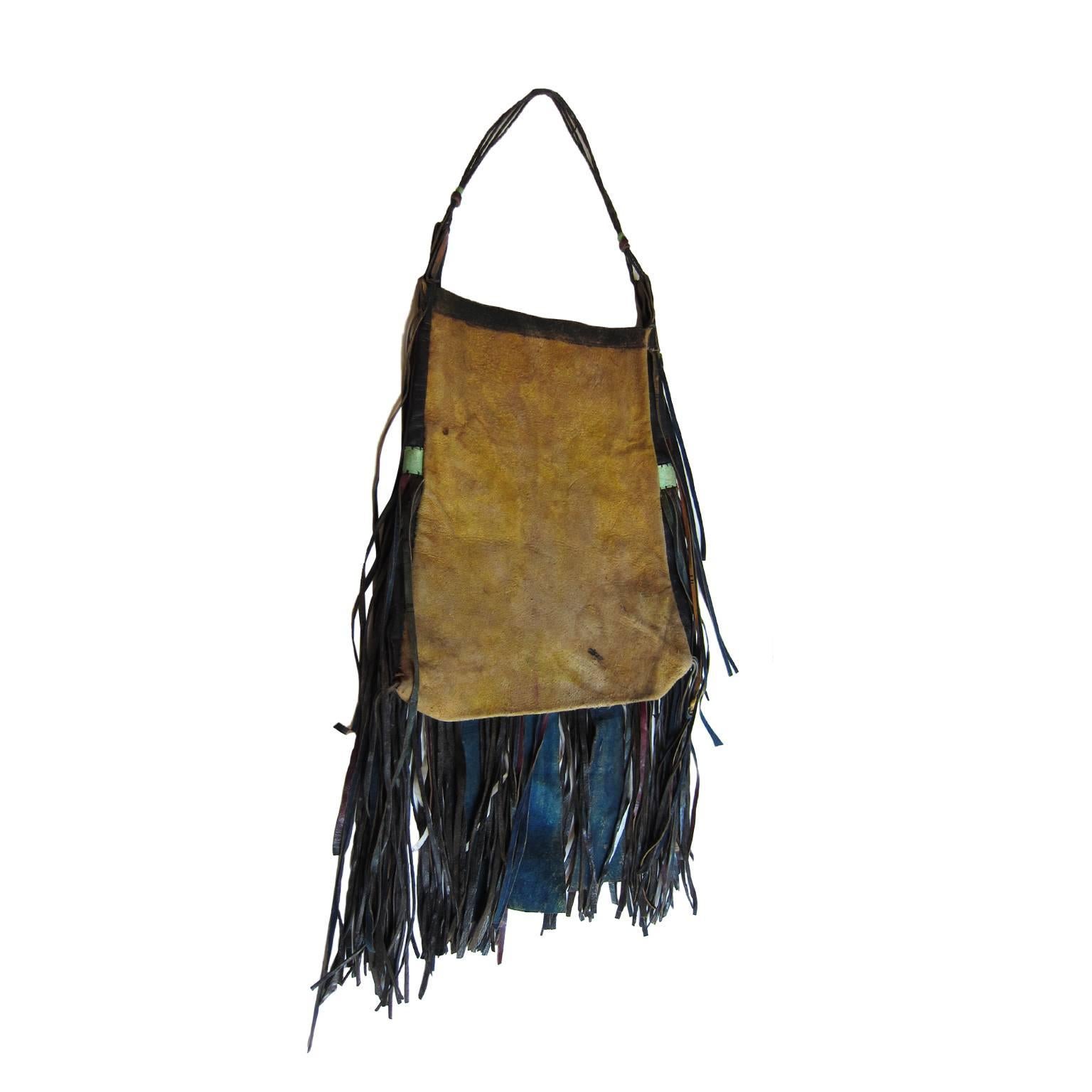Black African Tuareg Leather Tribal Pouch Fringe Bag  For Sale