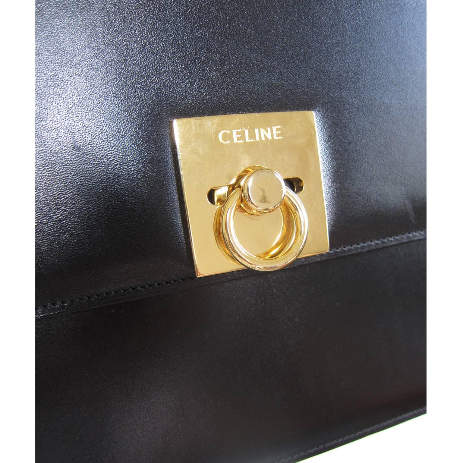 Celine Black Shoulder Clutch Golden Square Bag Vintage 1970s  1