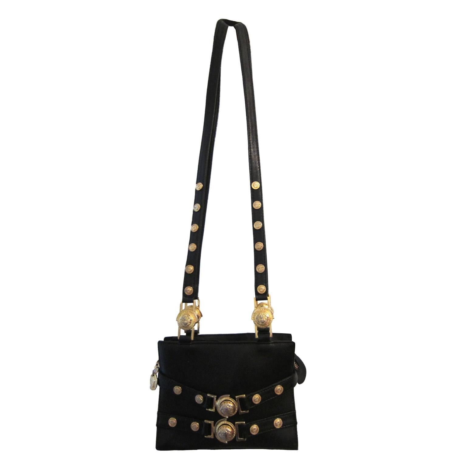 Gianni Versace Couture Black Gold Medusa Chain Mini bag  For Sale