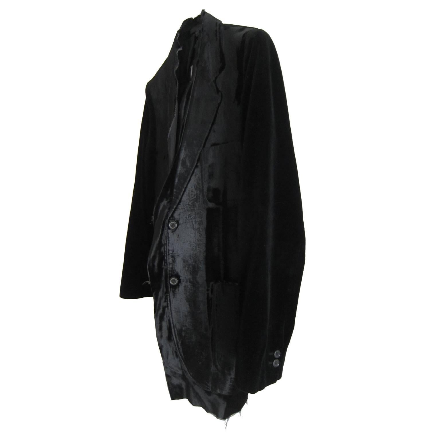 Martin Margiela true master, key piece black velvet jacket from collection 2001. 
This artistically crafted jacket has such unique technic as if one jacket is pressed and hidden between materials - Amazing piece.
Made in Italy. Original size 44 it 