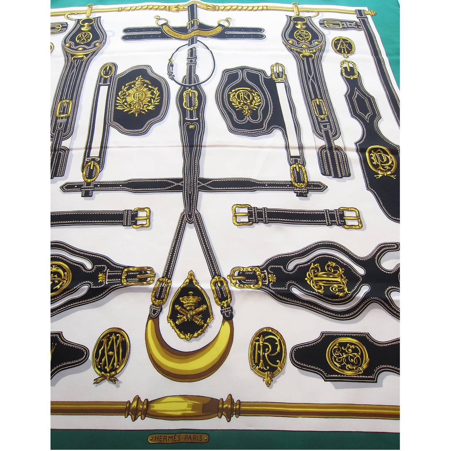 Vintage Hermes silk carré in excellent condition designed by Designed by Francoise Heron. Iconic Harnais des Présidents print in bright green black and gold.

Measurements : circa 90 cm x 90 cm