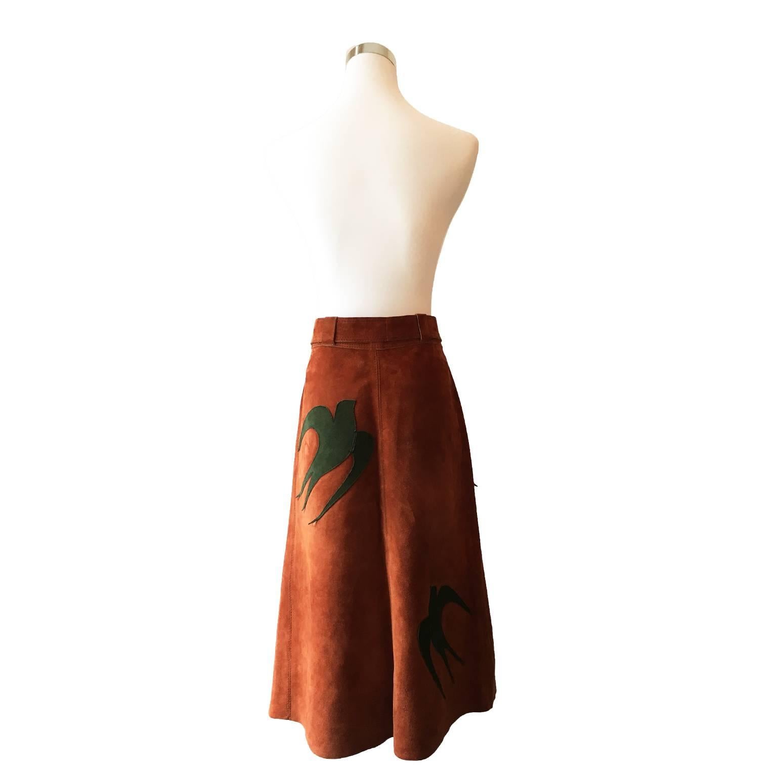Maroon Suede Skirt Applique Swallows 1970s 1