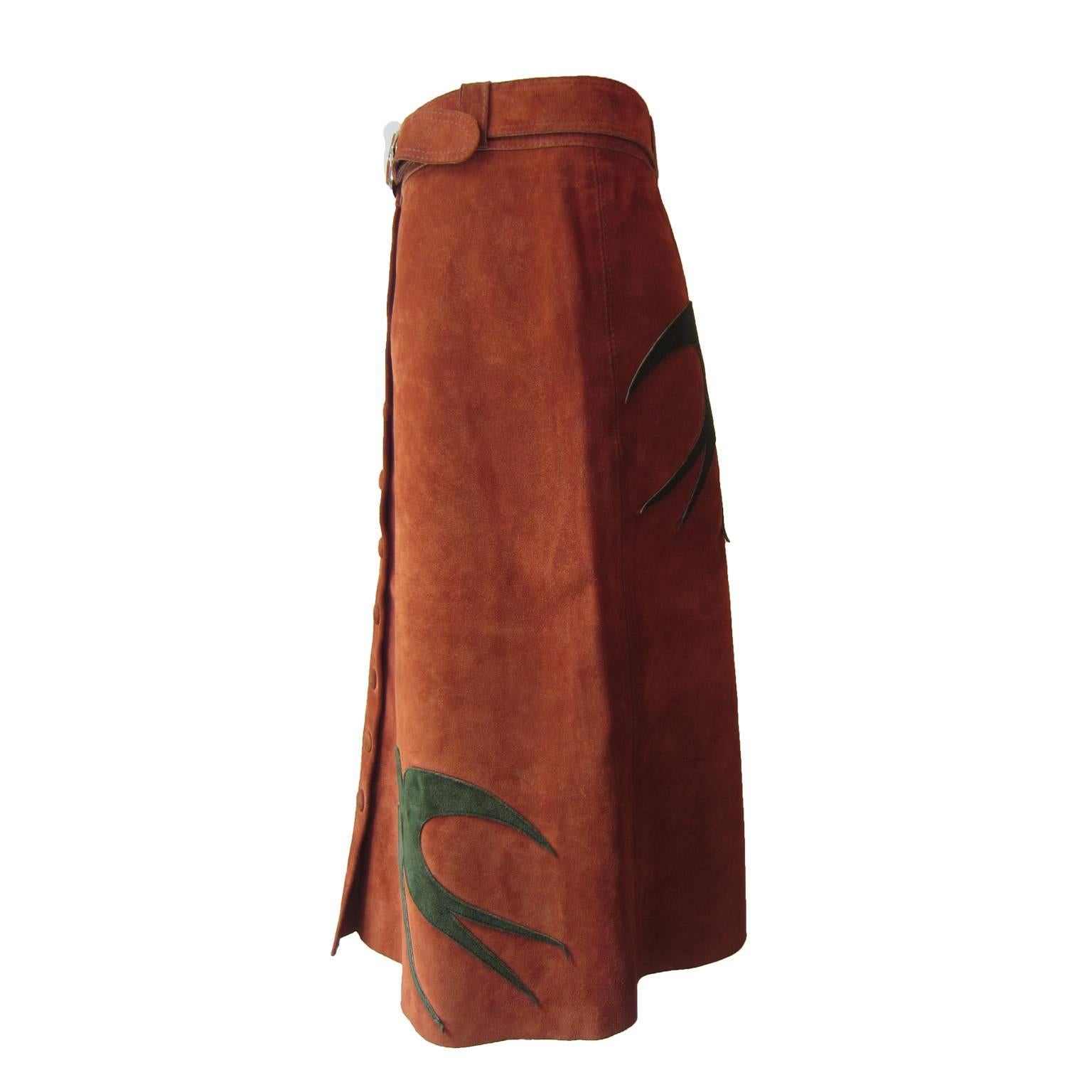 Brown Maroon Suede Skirt Applique Swallows 1970s