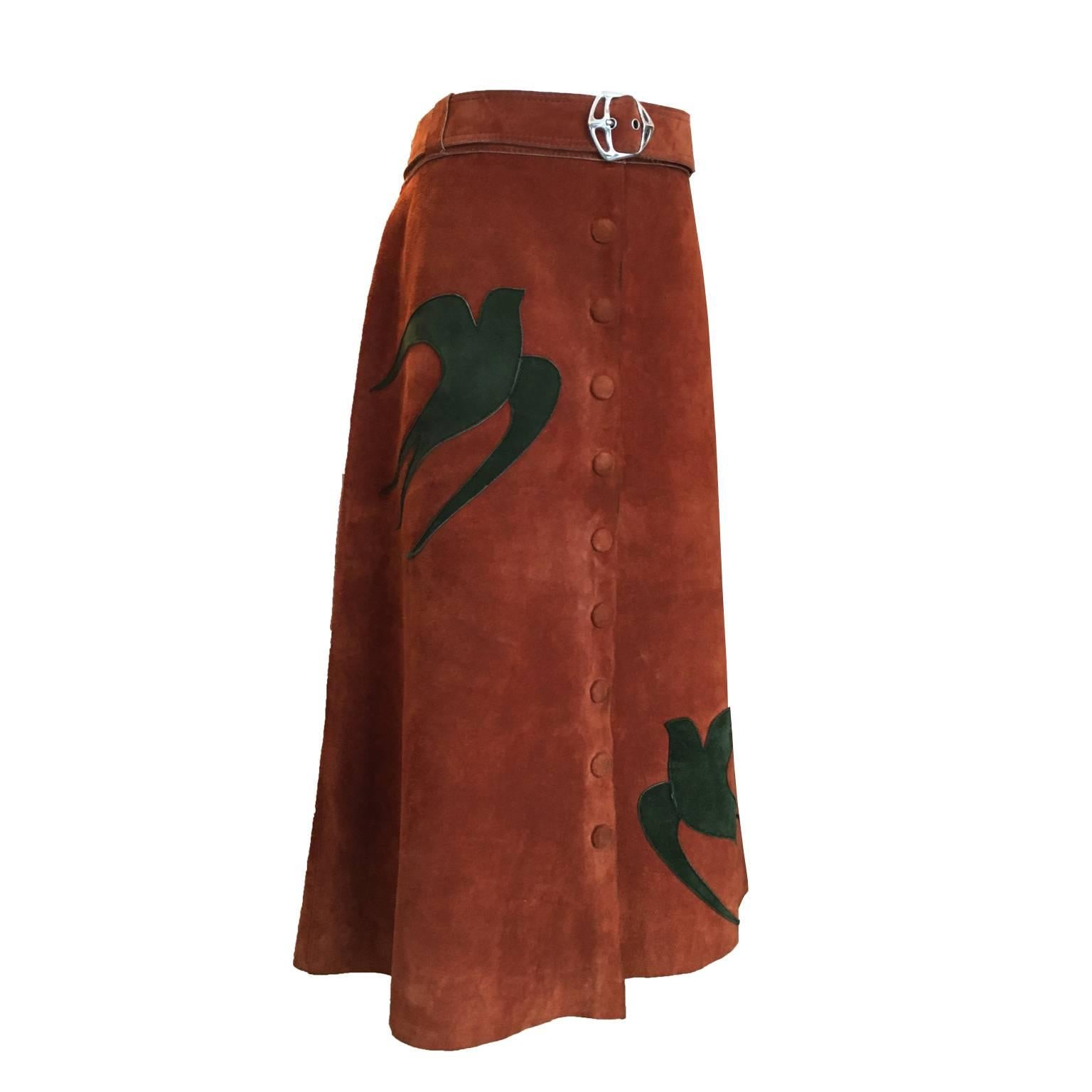 Maroon Suede Skirt Applique Swallows 1970s