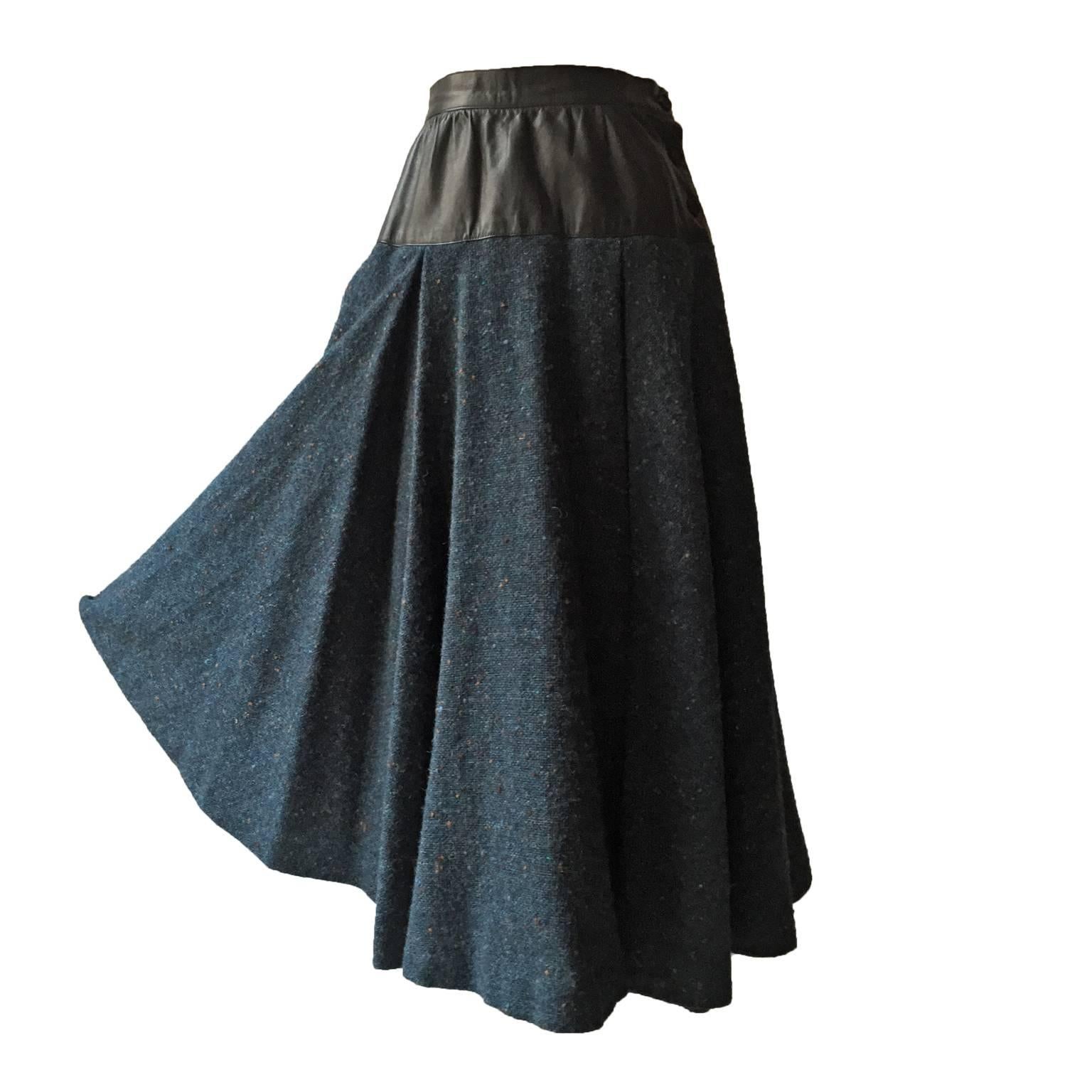 Yves Saint Laurent Tweed Leather Flare Skirt 1980s