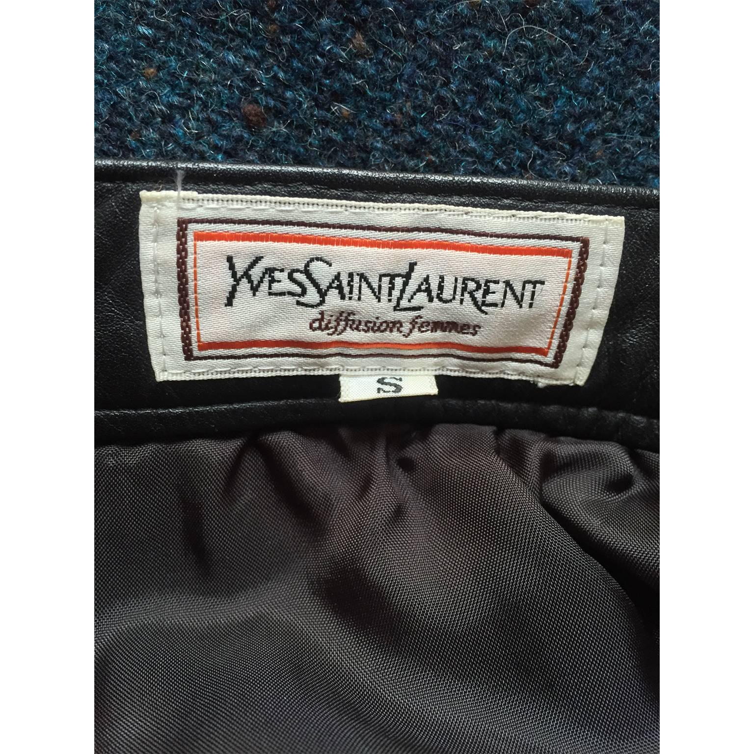 Black Yves Saint Laurent Tweed Leather Flare Skirt 1980s