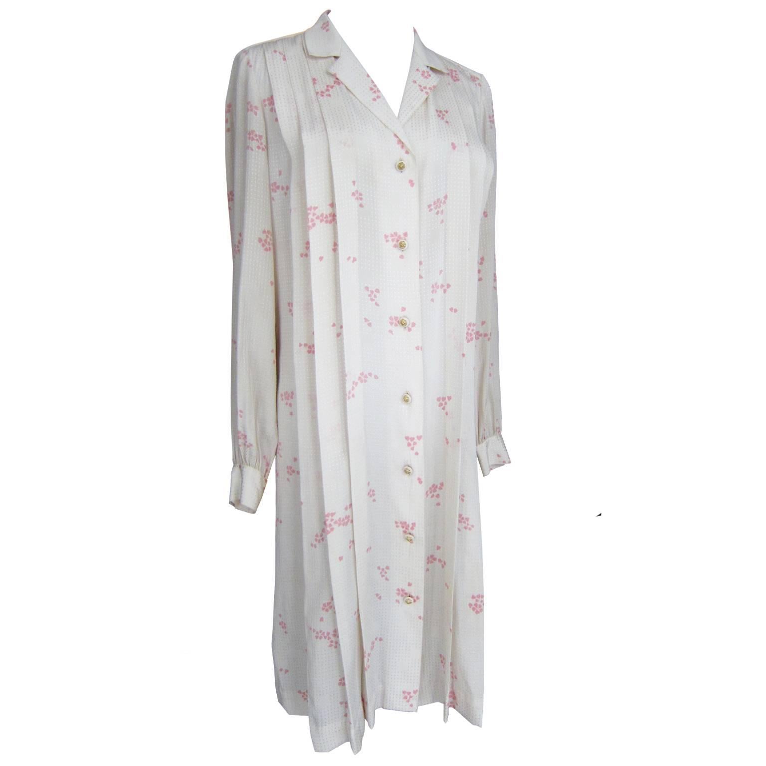 Chanel Cherry Blossom Silk Dress Lion Buttons 1970s