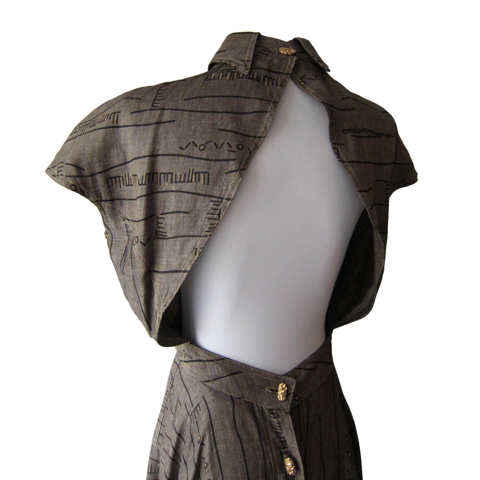 Zandra Rhodes II  Linen Cotton Open Back Dress 1980s In Excellent Condition For Sale In Berlin, DE