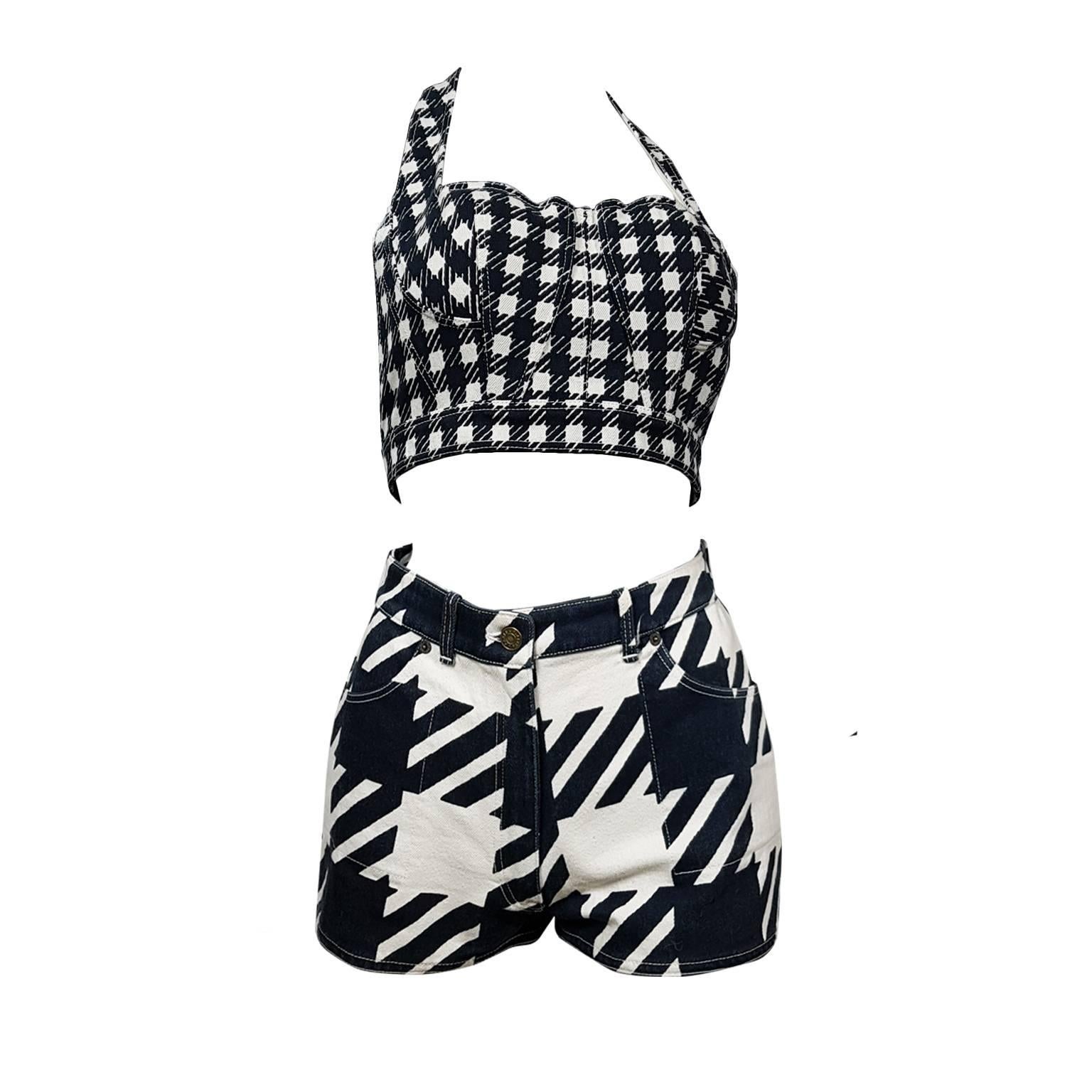 Azzedine Alaia dark navy / white checked printed denim bustier, shorts, jacket and skirt from iconic 