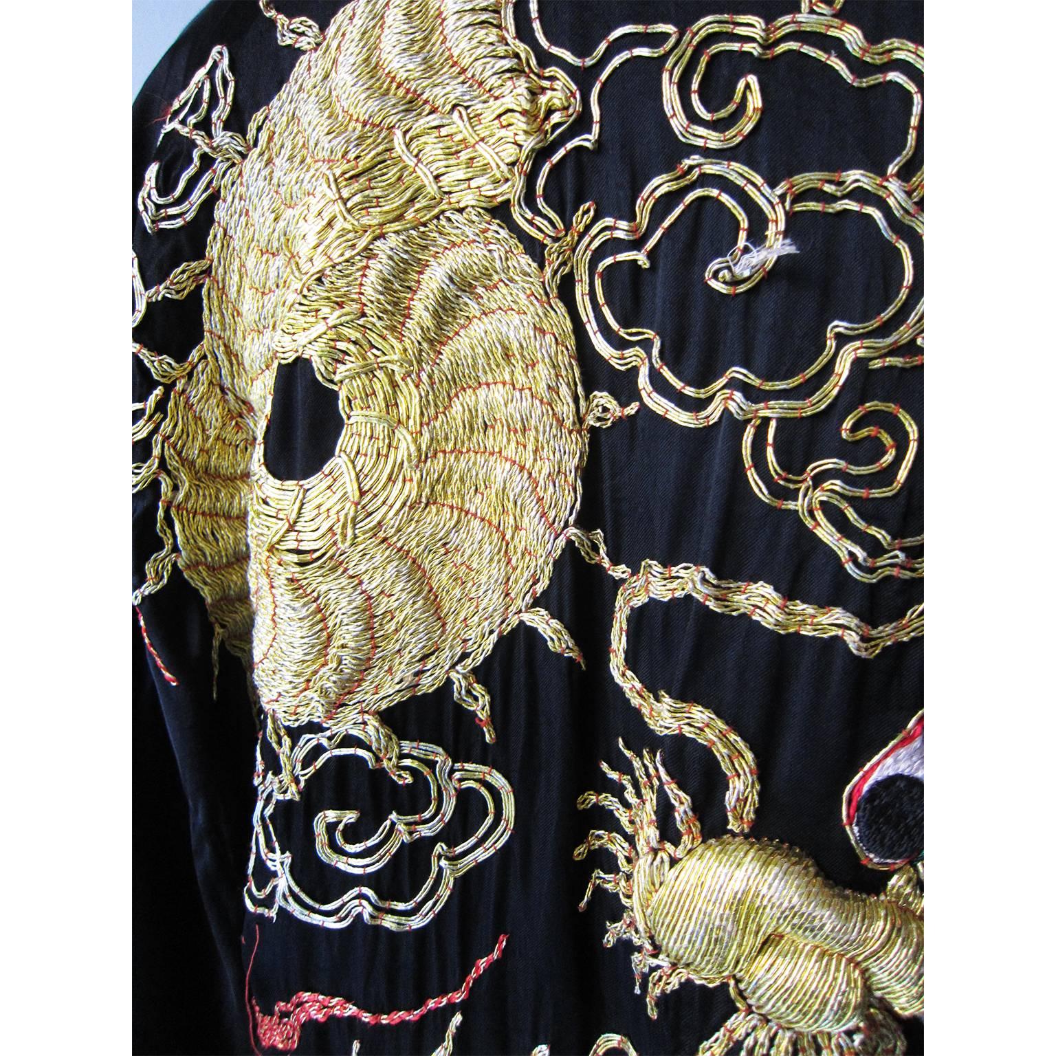 Black Golden Dragon Fuku Ryu Kimono Robe, 1940s